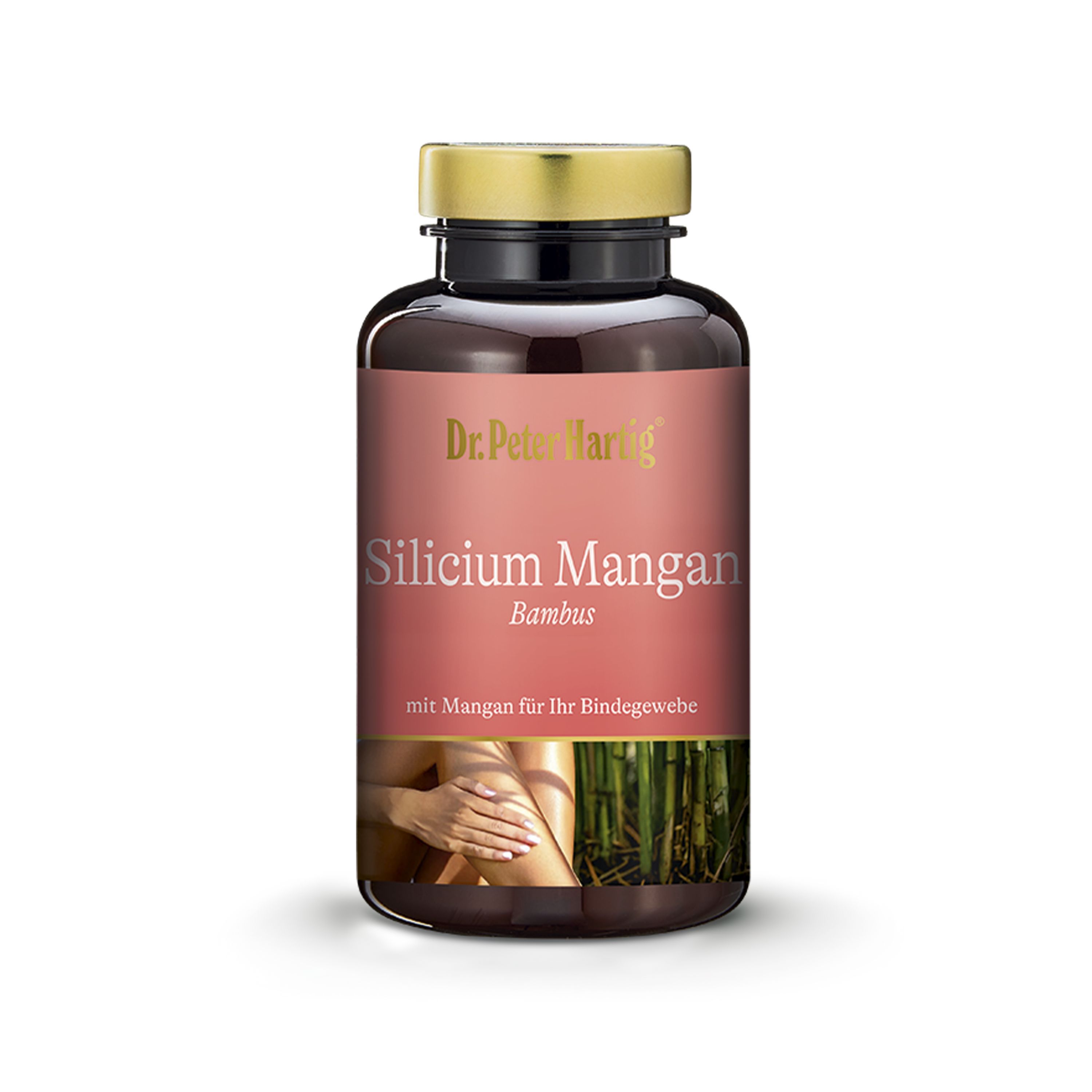 Braune Glasflasche mit goldenem Deckel. Aufschrift: Silicium Mangan Bambus. Abbildung einer Hand und Bambus.