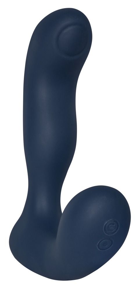 Dunkelblauer Analvibrator. Ergonomische Form mit zwei Bedienknöpfen. Glatte Oberfläche.