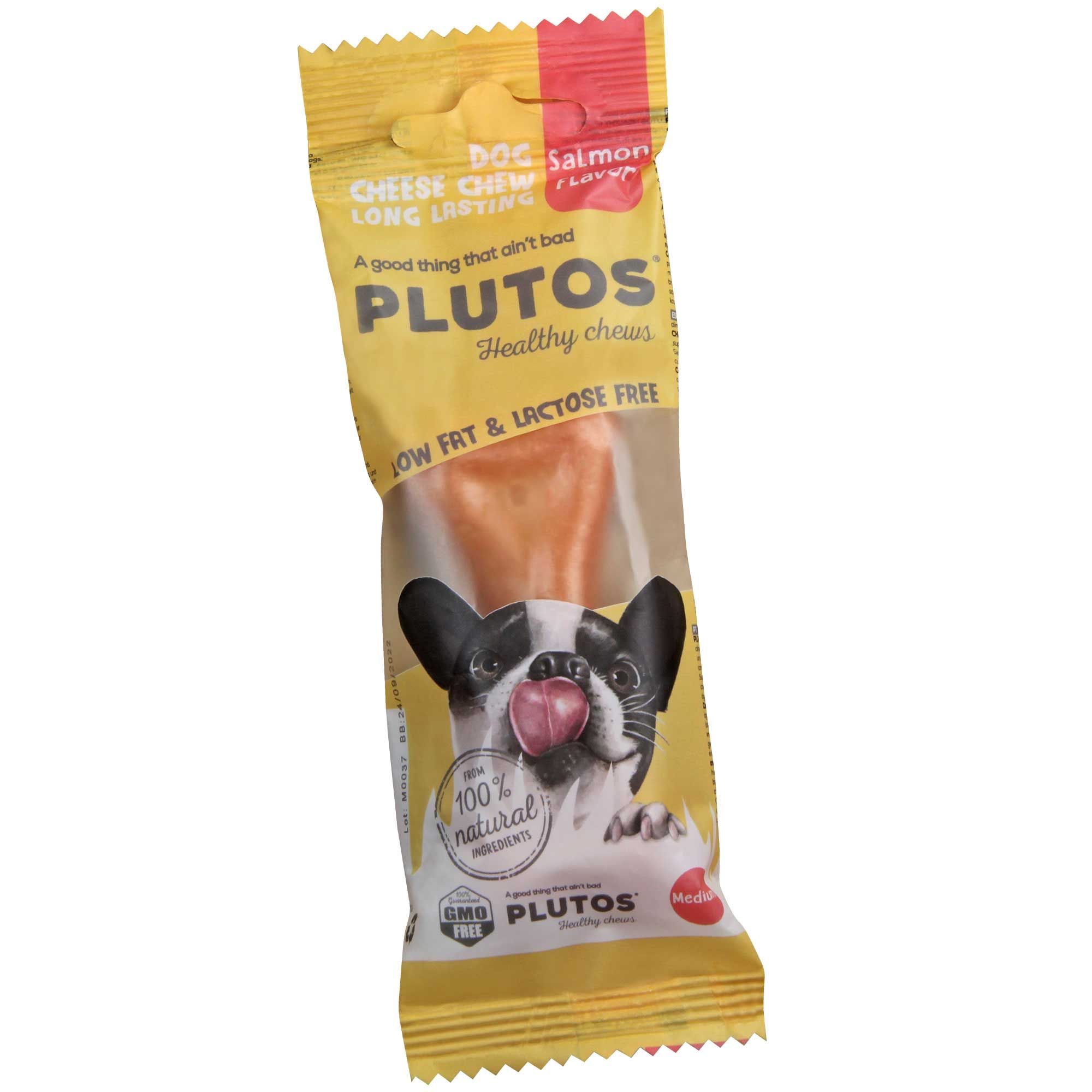 Verpackung mit Kauknochen. Produktname PLUTOS. Text: 'Low Fat & Lactose Free'. Abbildung eines Hundes. Gelbe Verpackung.