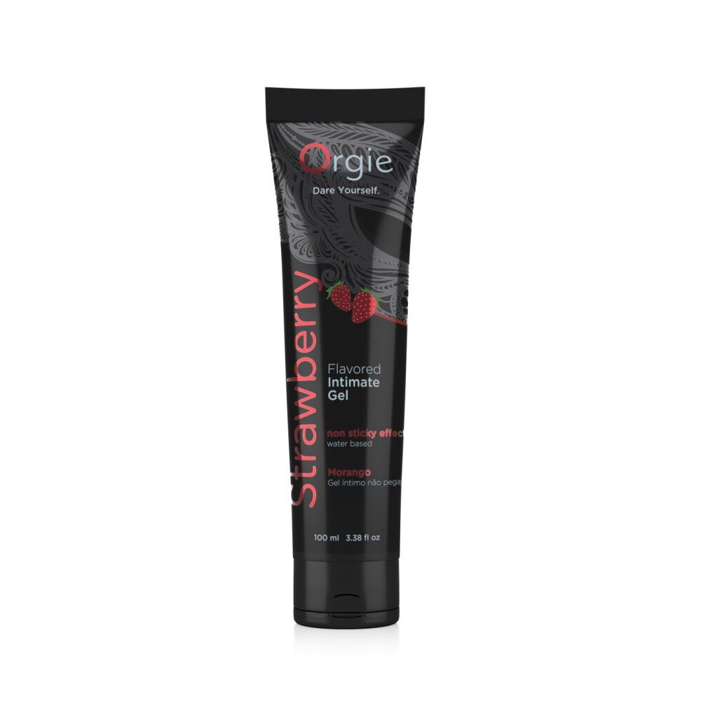 Schwarze Tube mit roter Aufschrift "Strawberry" und "Orgie". Erdbeer-Abbildung. Text: "Flavored Intimate Gel".