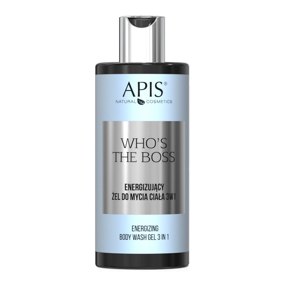 Duschgel-Flasche mit silbernem Verschluss. Aufschrift: APIS, WHO'S THE BOSS, Energetisierendes Duschgel 3in1.