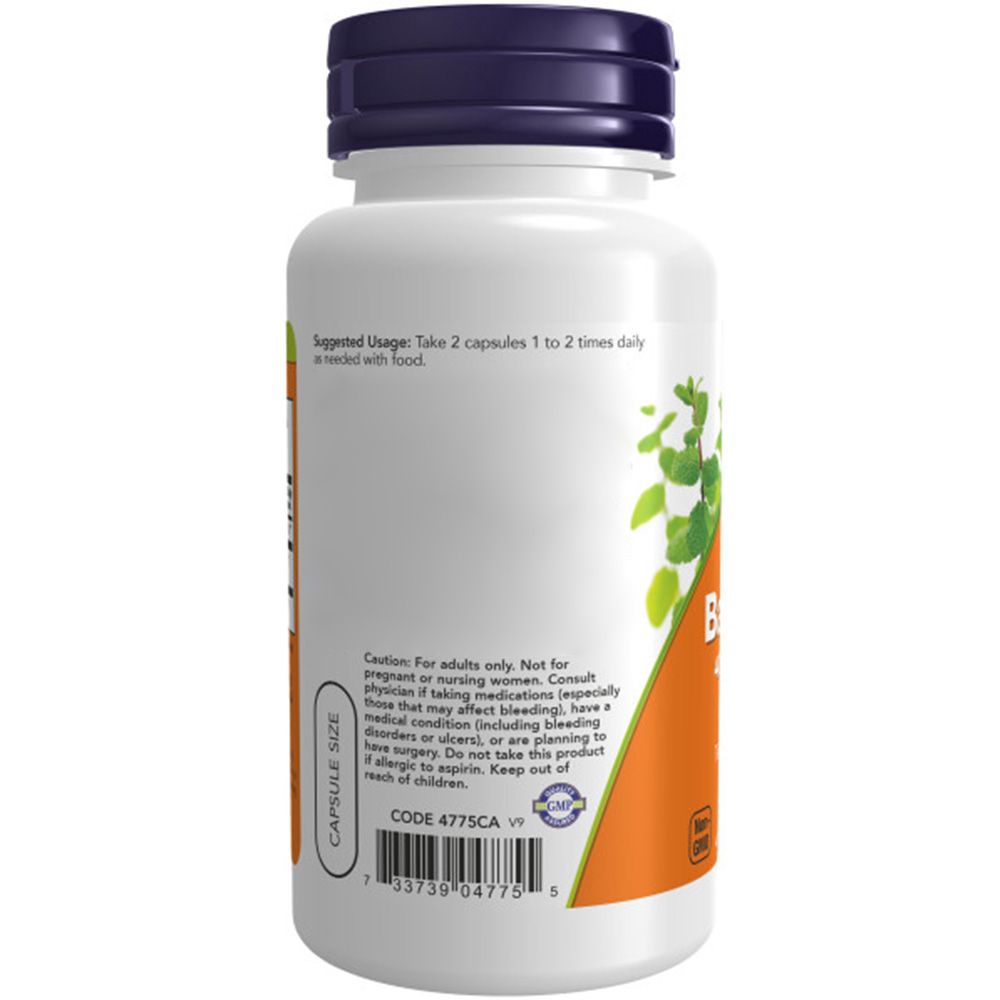 Rückseite der Flasche. Aufschrift: Suggested Usage: Take 2 capsules 1 to 2 times daily. Code 4775CA.