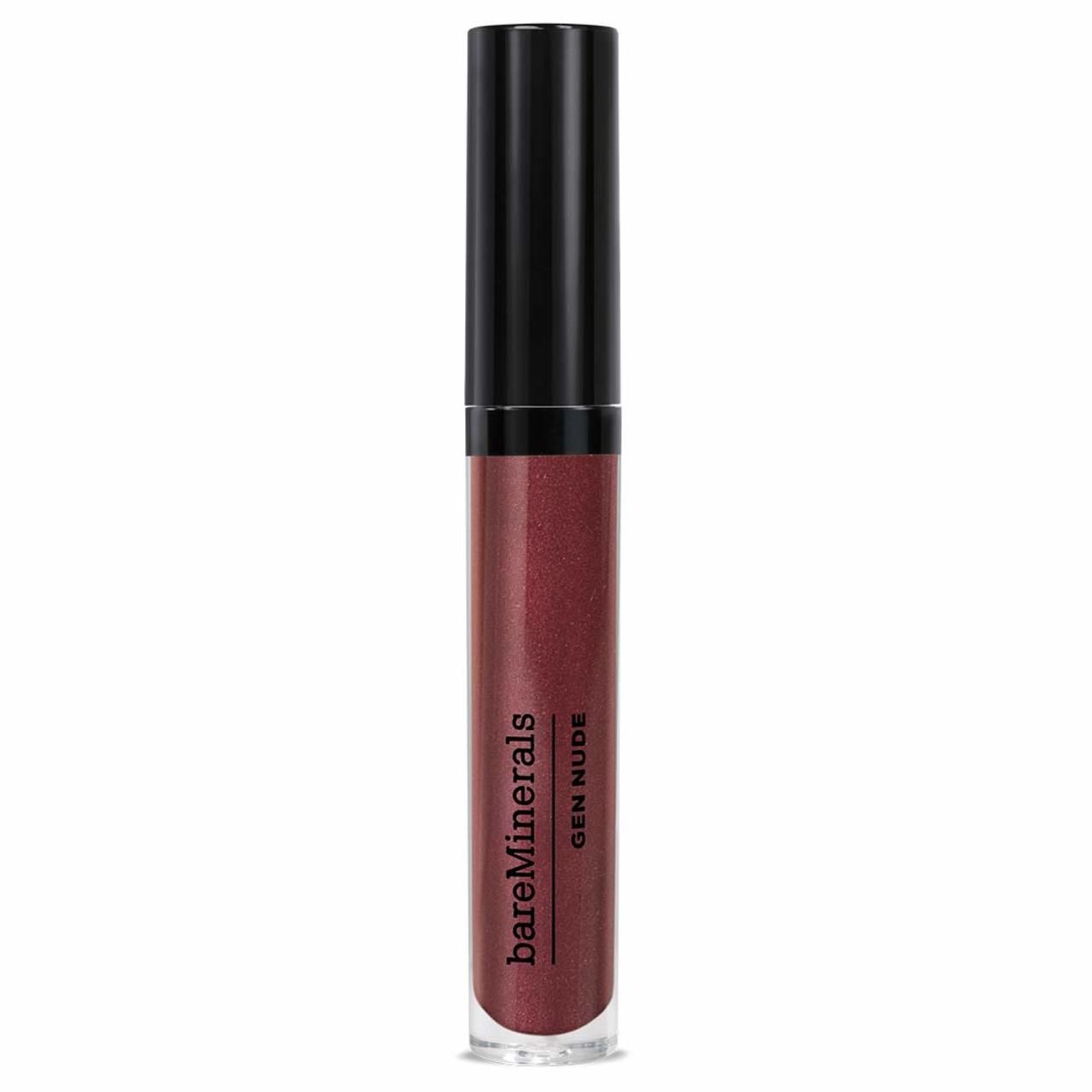 Lippenlack-Tube mit schwarzem Deckel. Aufschrift: bareMinerals, GEN NUDE. Farbton: Rotbraun.
