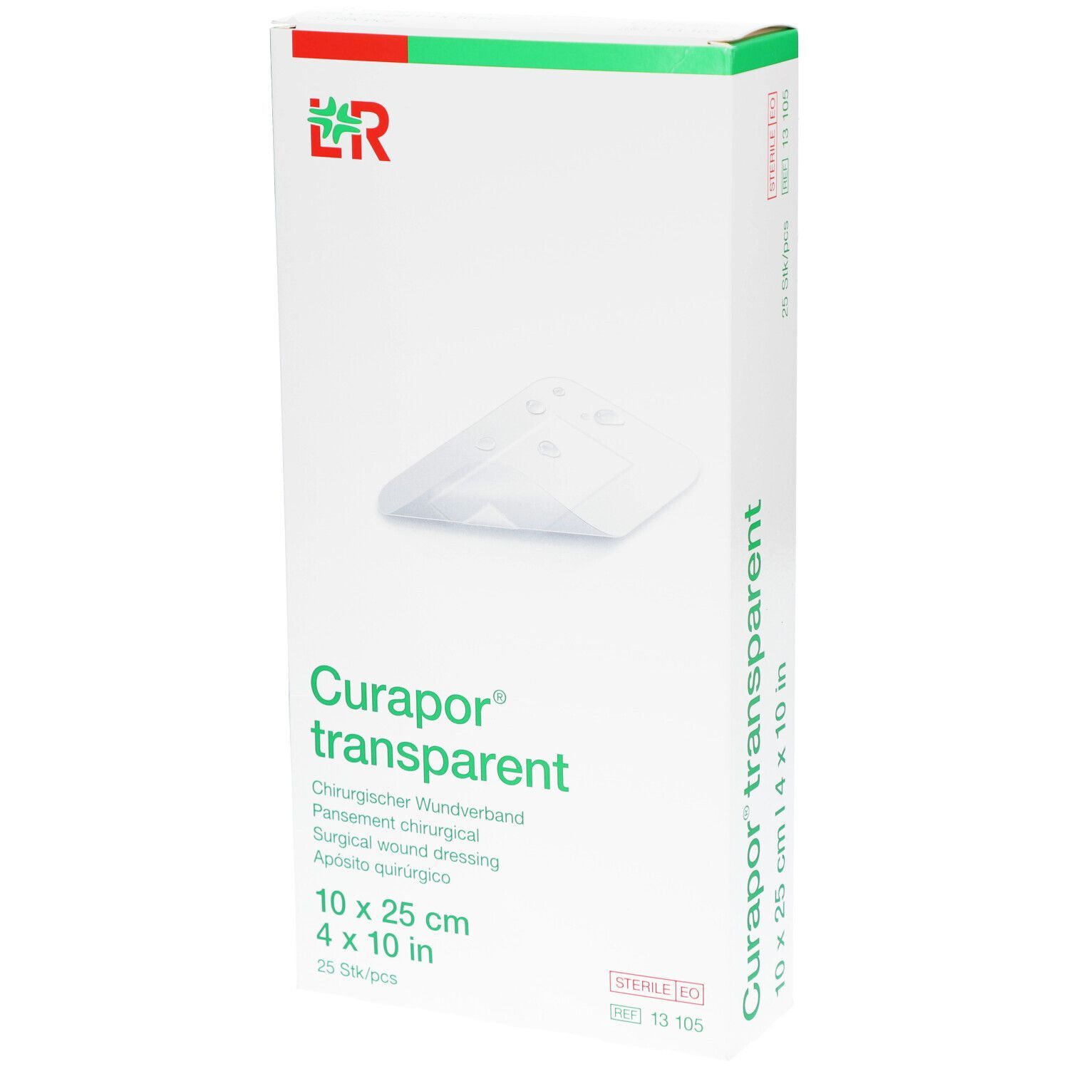Verpackung von Curapor transparent, chirurgischer Wundverband. Maße: 10 x 25 cm. 25 Stück. Logo LR.