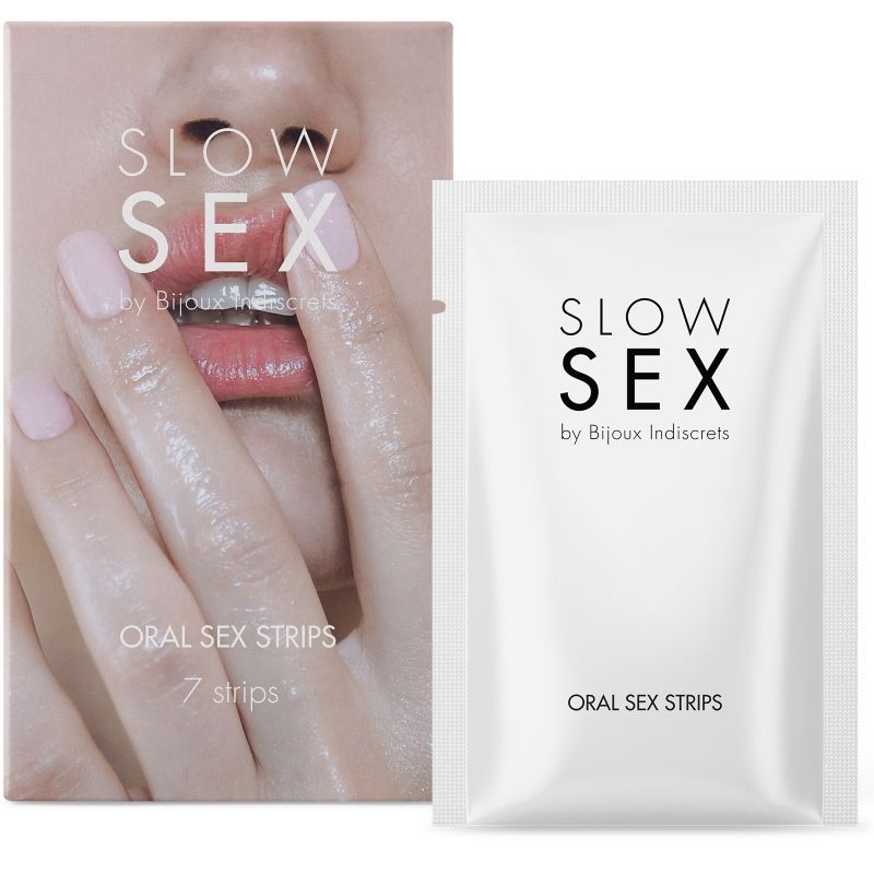 Produktverpackung und Einzelverpackung. Aufdruck: SLOW SEX, ORAL SEX STRIPS. Marke: Bijoux Indiscrets. 7 Streifen.
