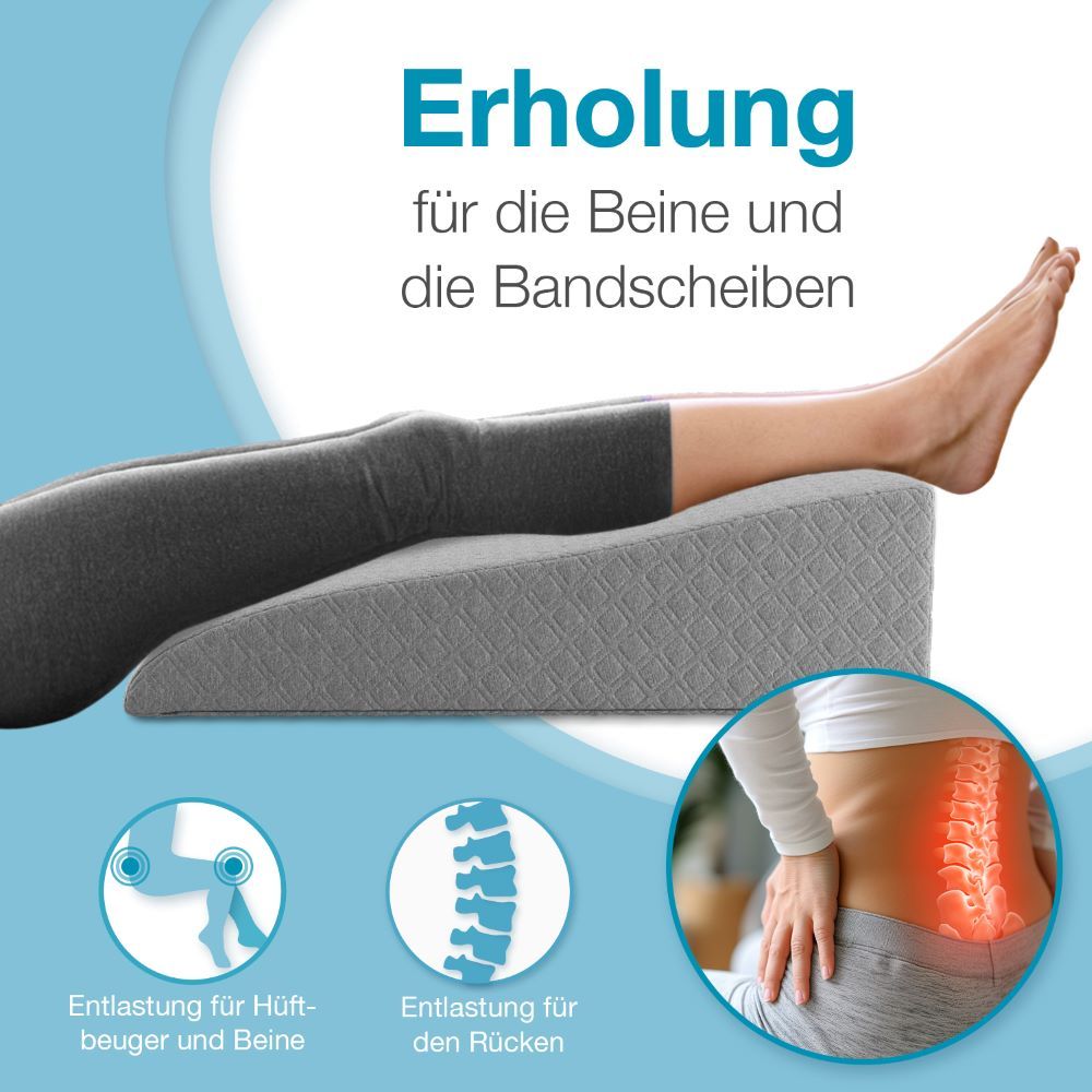 Beine auf einem grauen Venenkissen. Text: Erholung für die Beine und die Bandscheiben. Illustrationen: Hüfte, Rücken.