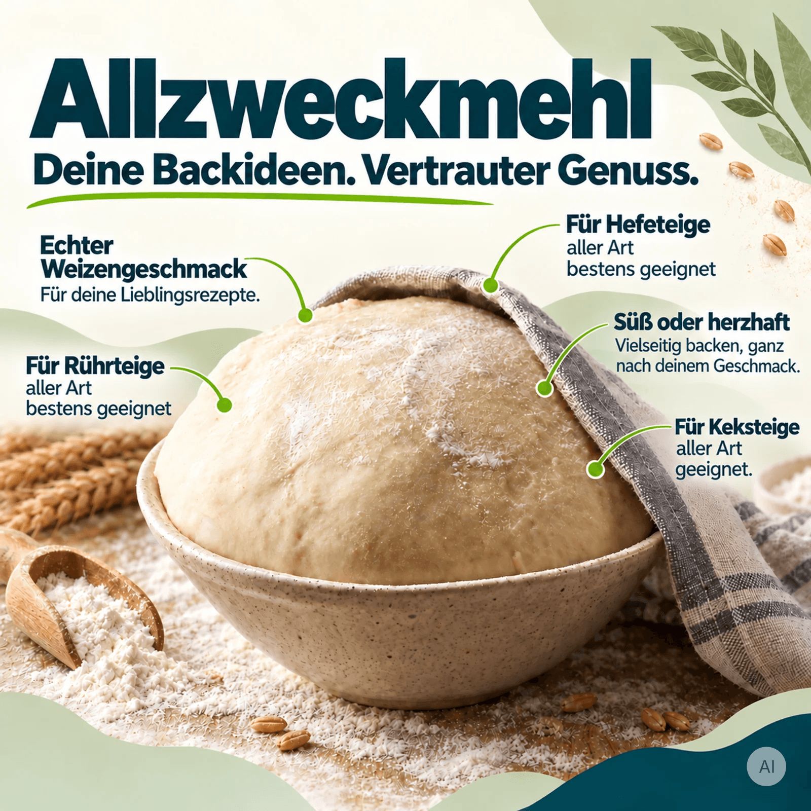 Ein Schüssel mit aufgegangenem Hefeteig, bedeckt mit einem Küchentuch. Weizenähren und ein Holzlöffel liegen daneben.