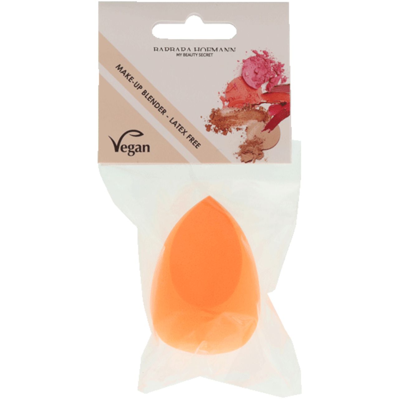 Make-up Blender, orange, latexfrei, in Verpackung. Marke: Barbara Hofmann. Vegan-Siegel.