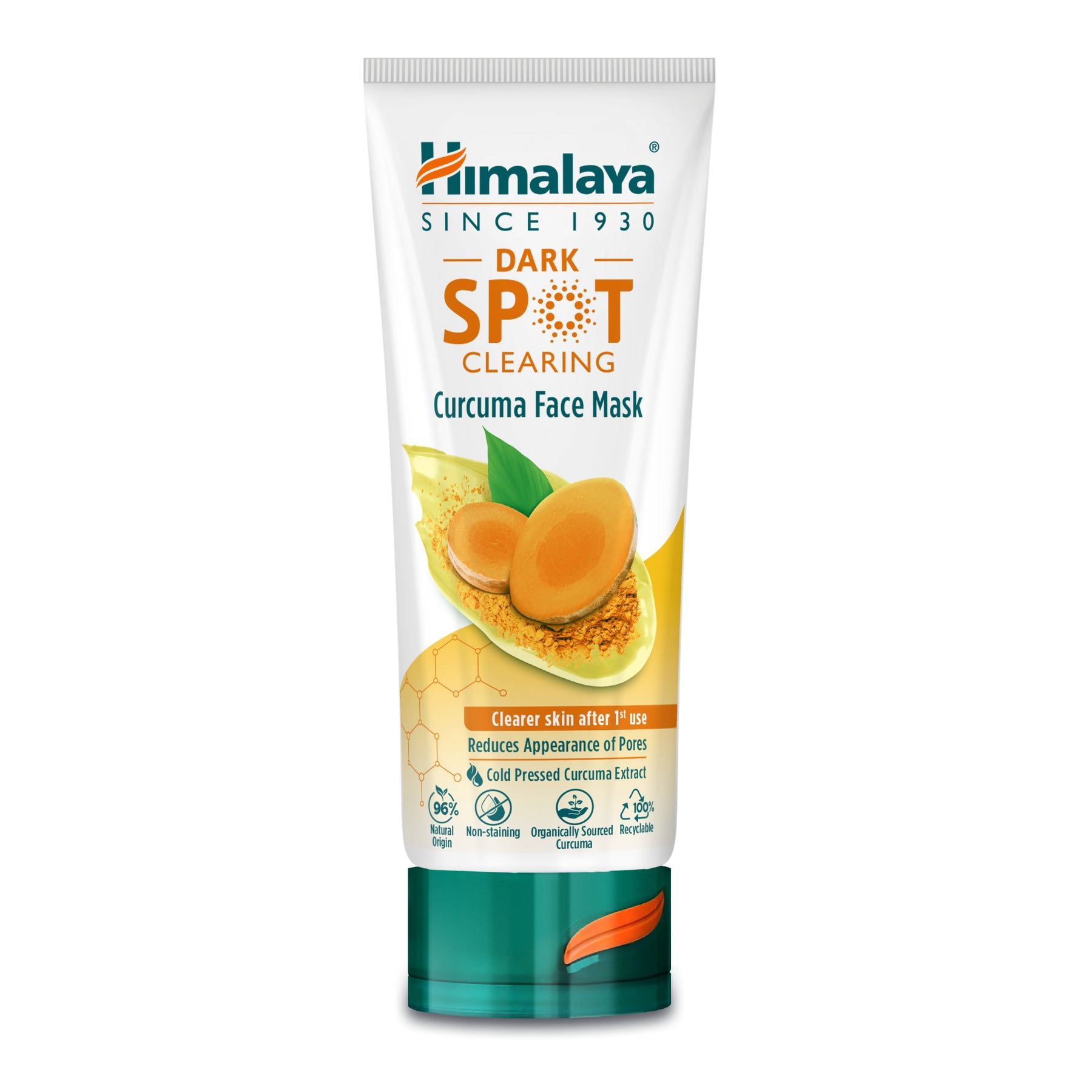 Weiß-grüne Tube mit Produktnamen und Illustrationen. Text: Dark Spot Clearing Curcuma Face Mask. Marke: Himalaya.