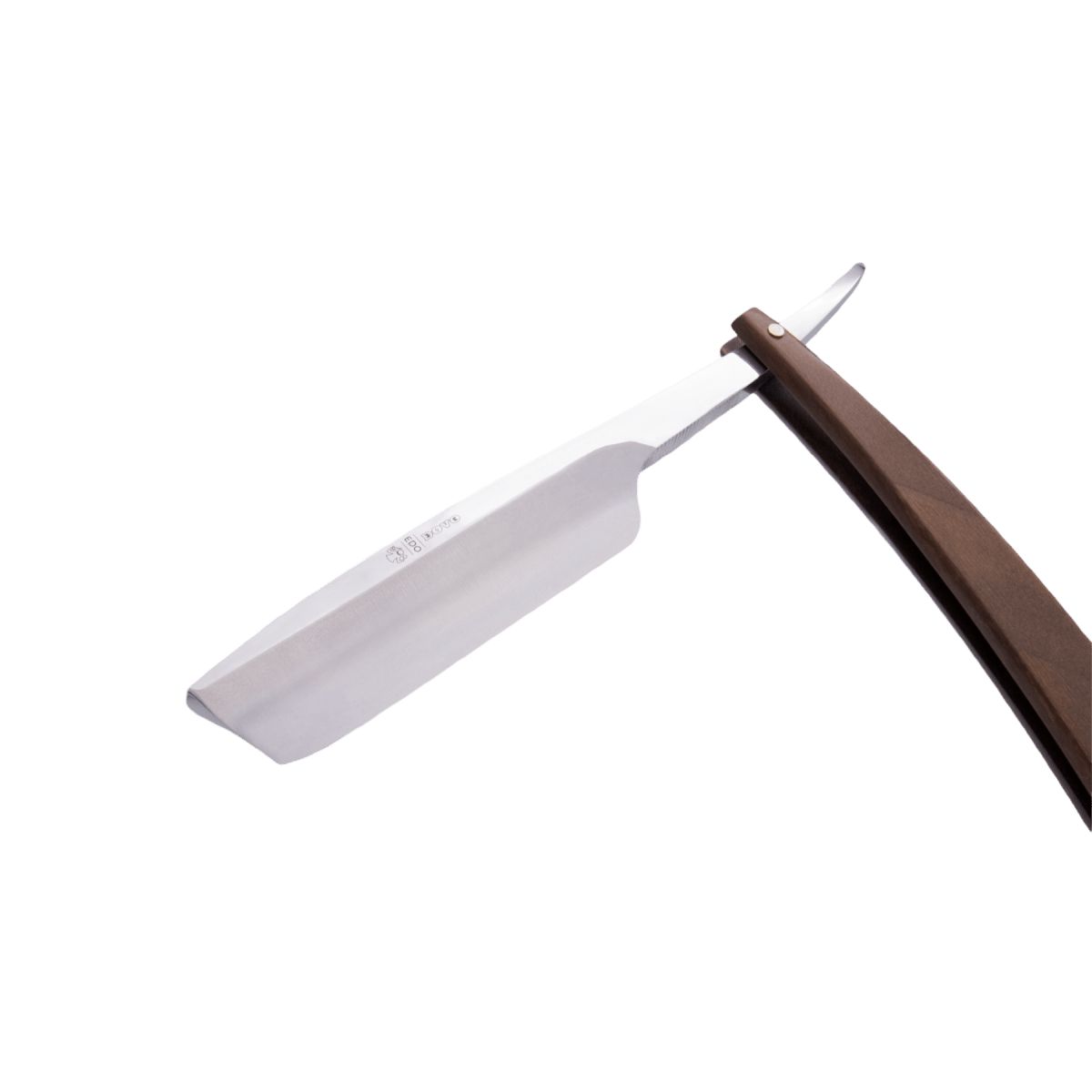 Rasiermesser mit Holzgriff. Klinge aus Metall, Griff braun. Geöffnet, Klinge sichtbar. DOVO Solingen.