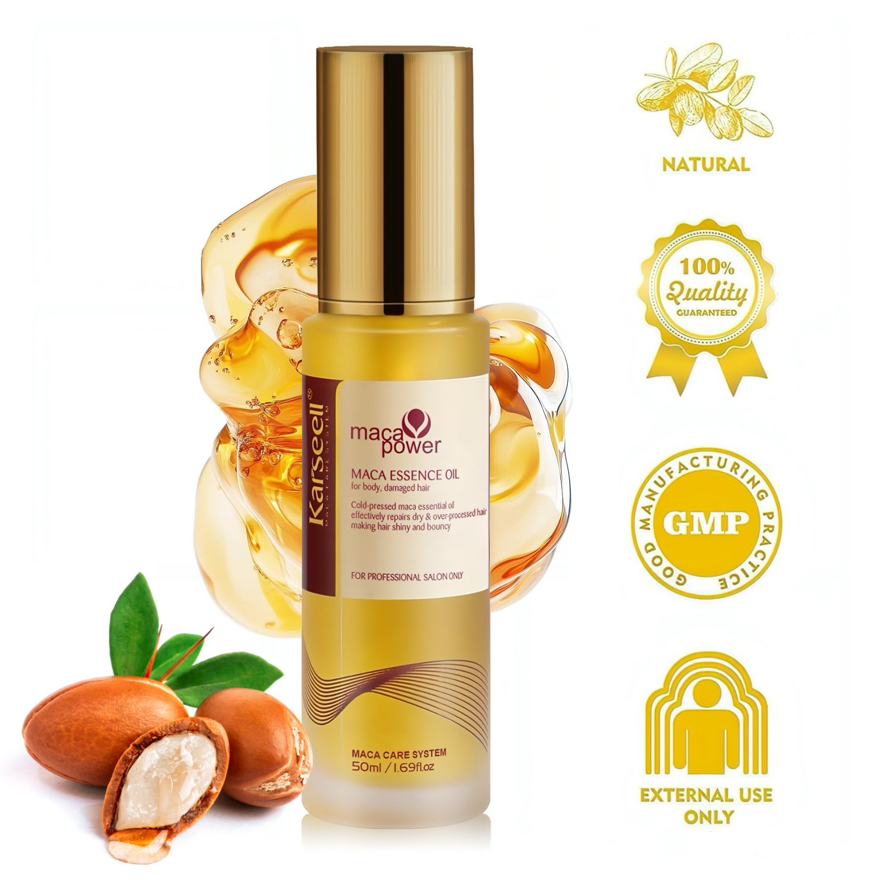 Flasche Haaröl, goldener Deckel, neben Argan-Nüssen. Text: Karseell, Maca Essence Oil. Aufschrift: GMP, extern.