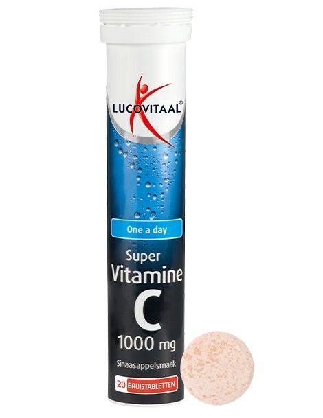 Röhrchen mit 20 Brausetabletten Super Vitamin C 1000 mg, Orangengeschmack.