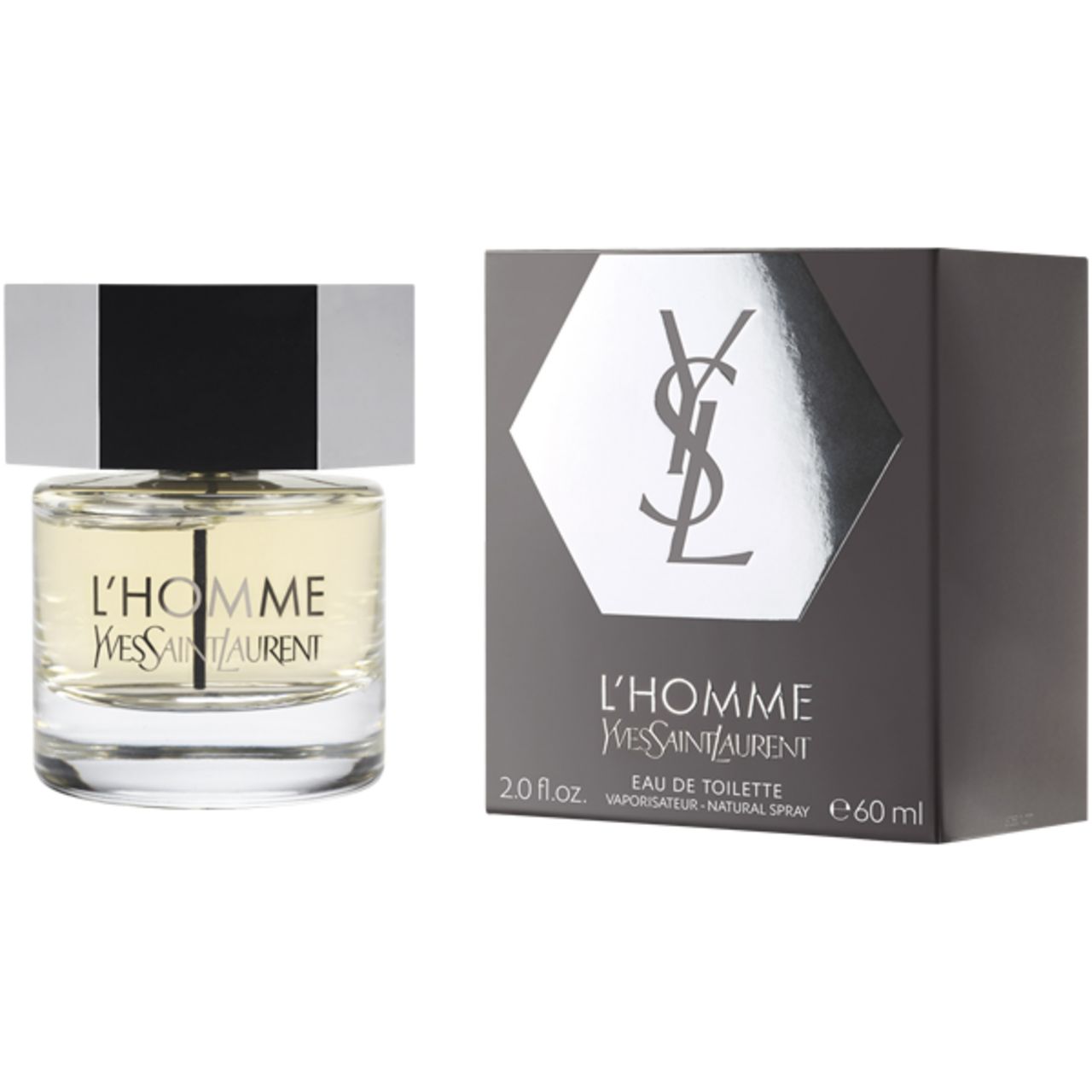 L'Homme EdT Vapo und Verpackung. Glasflakon mit silbernem Deckel und schwarzem Mittelteil. Schwarze Verpackung mit Logo und Produktnamen.