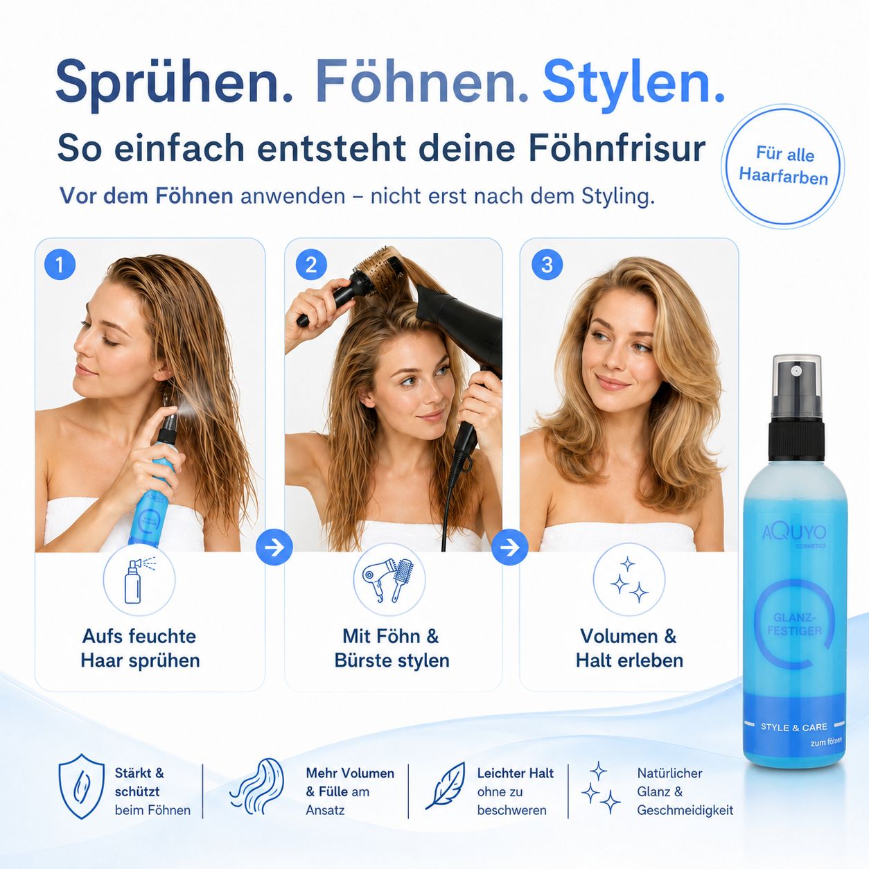 Style & Care Glanzspray fürs Föhnen | Haarspray zum Gestalten und Frisieren der Haare