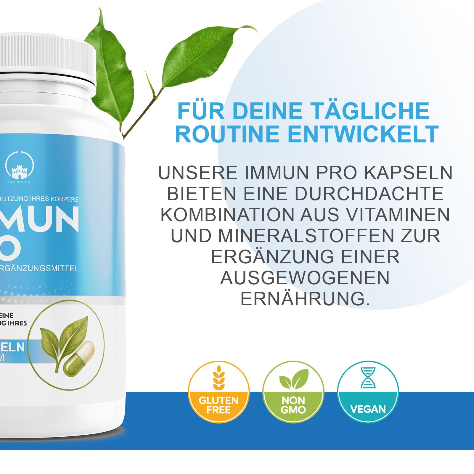 Weiße Flasche mit blauer Beschriftung. Text: Für deine tägliche Routine entwickelt. Logos: Glutenfrei, Non-GMO, Vegan. Mit Blättern.