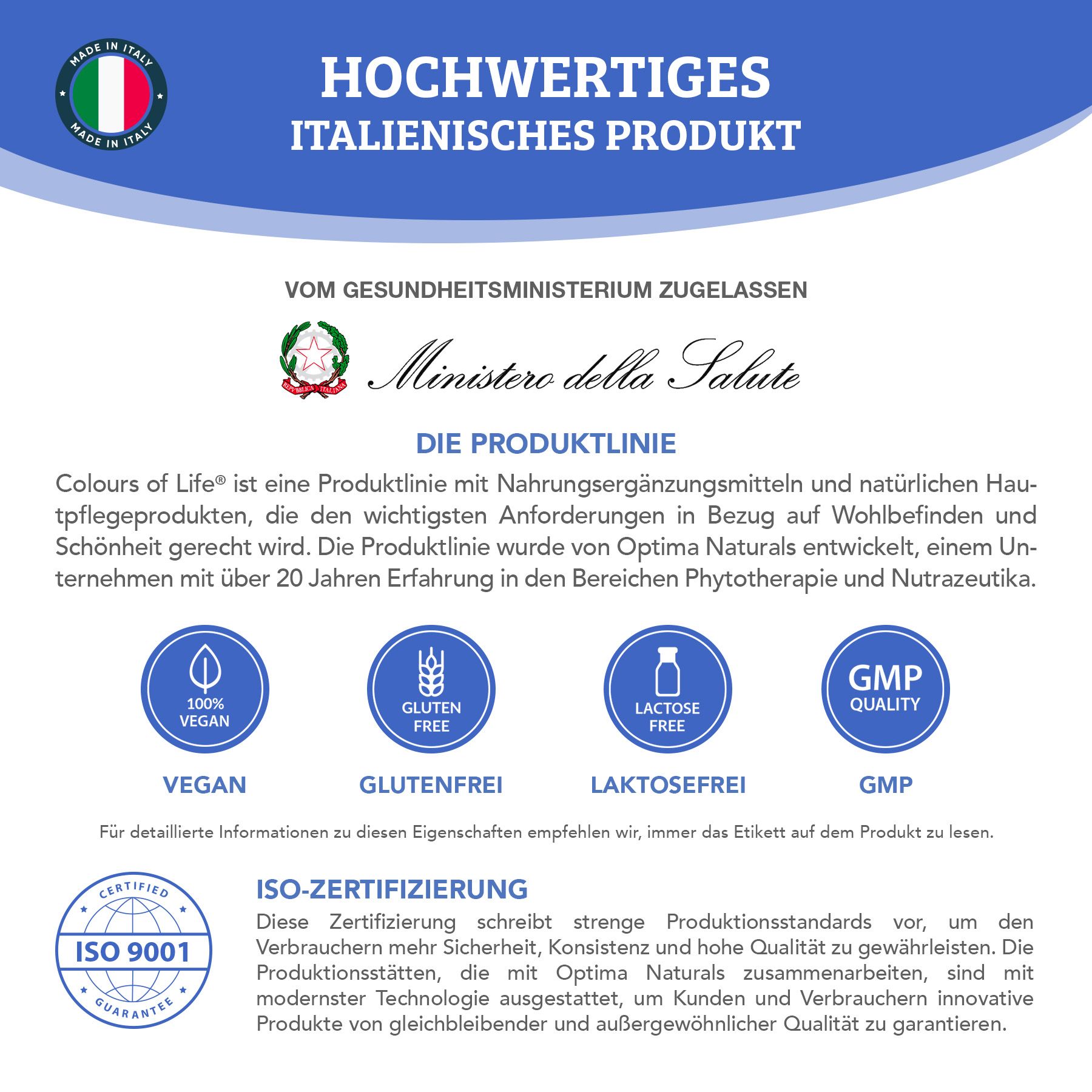Hochwertiges italienisches Produkt, zugelassen vom Gesundheitsministerium. Vegan, Glutenfrei.
