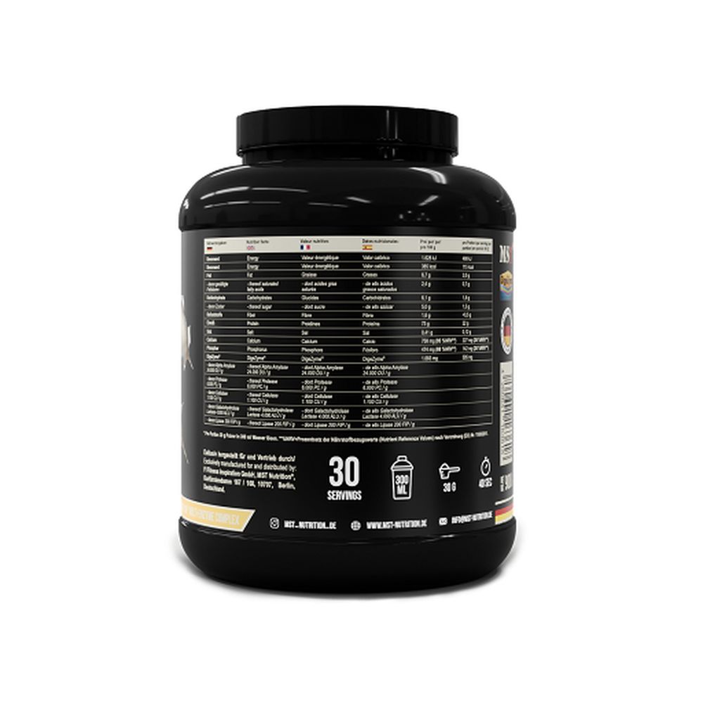 Schwarze Dose mit Nährwertangaben. 30 Portionen, 900 ml. MST-Nutrition Logo. Text in Deutsch, Französisch, Italienisch.