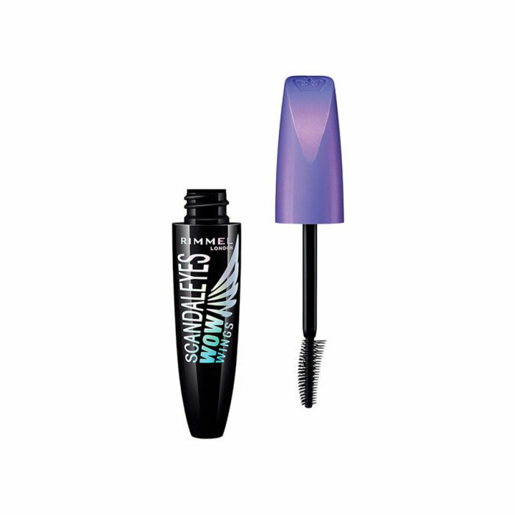 Schwarze Mascara-Tube mit lila Deckel und Bürste. Text: Rimmel London Scandaleyes Wow Wings.