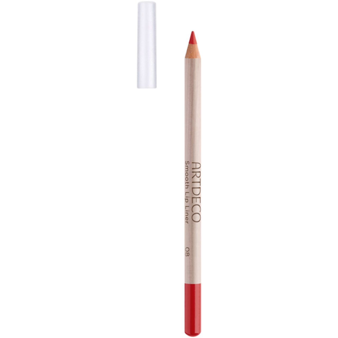 Artdeco Smooth Lip Liner, rot. Holzstift mit roter Spitze und transparenter Kappe. Produktname sichtbar.