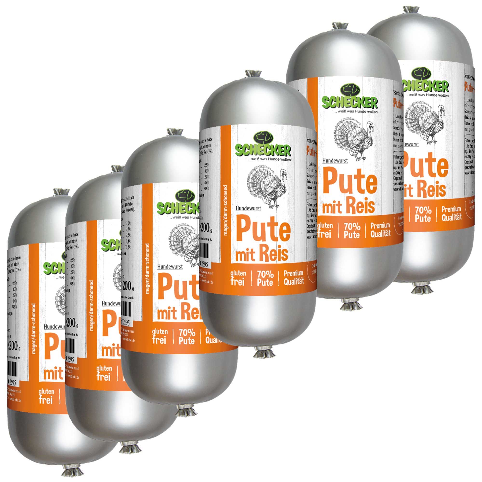Sechs Würste mit Etikett 'Pute mit Reis'. Aufschrift: 'Schecker'.
