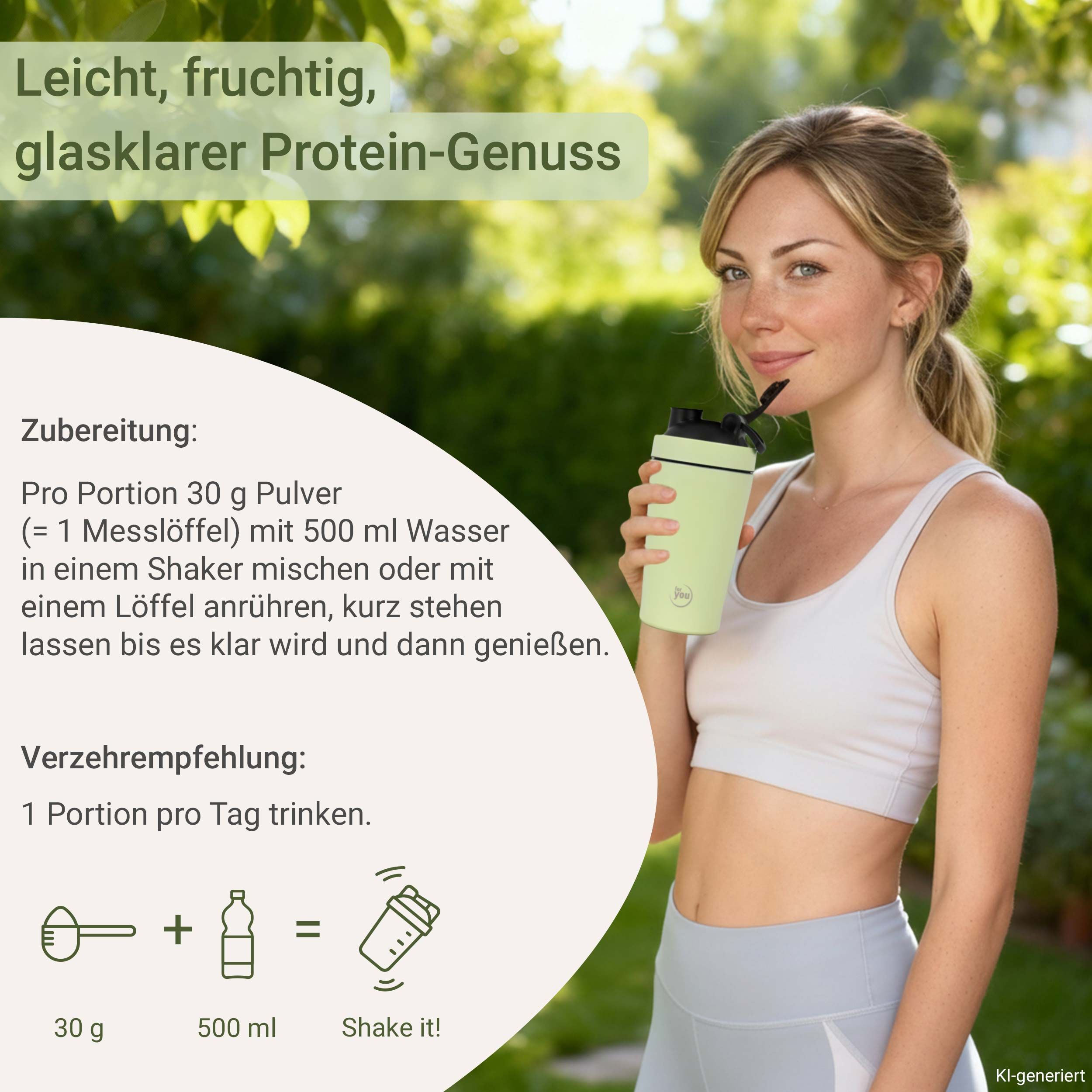 Frau trinkt aus einem hellgrünen Shaker mit Strohhalm. Text im Bild: 'Leicht, fruchtig, glasklarer Protein-Genuss'.