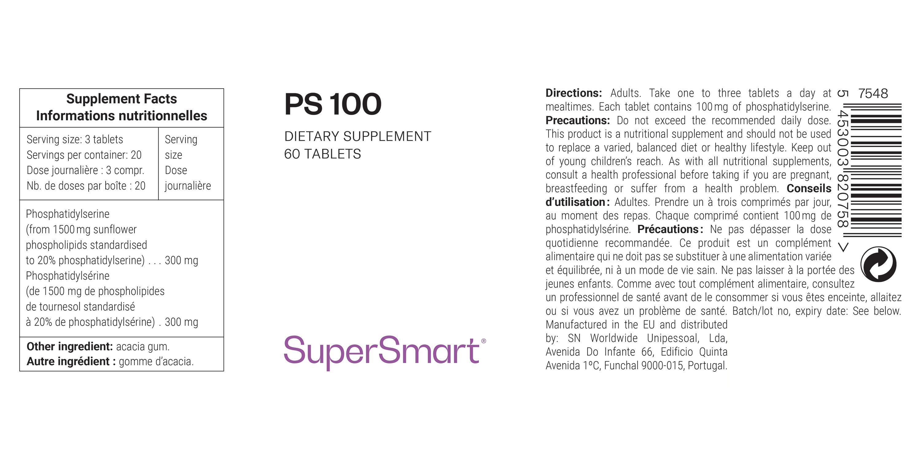 Etikett mit Produktinformationen. Text: PS 100, Nahrungsergänzungsmittel, 60 Tabletten. SuperSmart Logo.