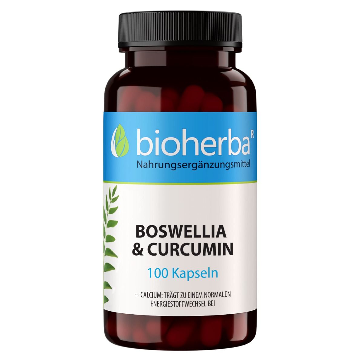Braune Flasche Bioherba Boswellia & Curcumin Kapseln. 100 Kapseln. Text: + Calcium trägt zu einem normalen Energiestoffwechsel bei.