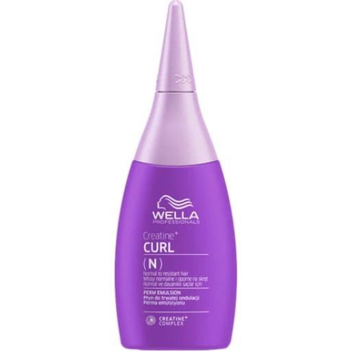 Violette Flasche mit spitzem Verschluss. Aufschrift: Wella, Creatine Curl (N), Perm Emulsion. Enthält das Creatine Complex.