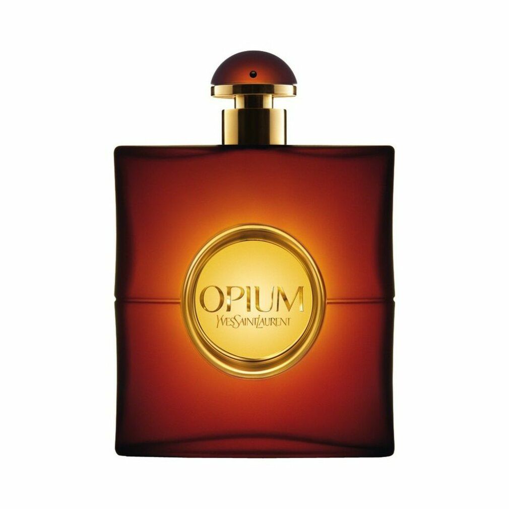 Dunkelroter Flakon mit goldenem Verschluss. Auf der Vorderseite ein goldenes Etikett mit "OPIUM" und "Yves Saint Laurent".