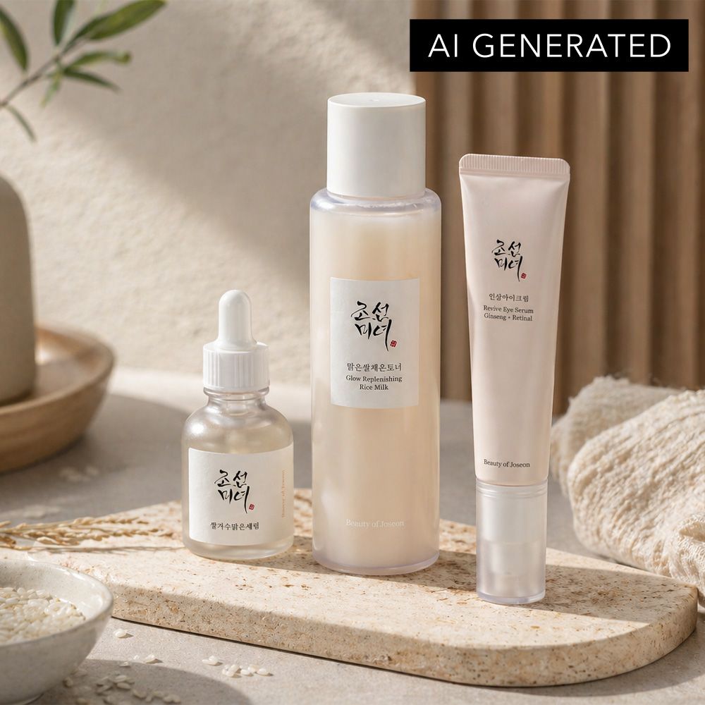 Beauty of Joseon Hautpflege-Set mit Reis-Milch, Propolis-Serum und Augencreme auf Steinplatte.
