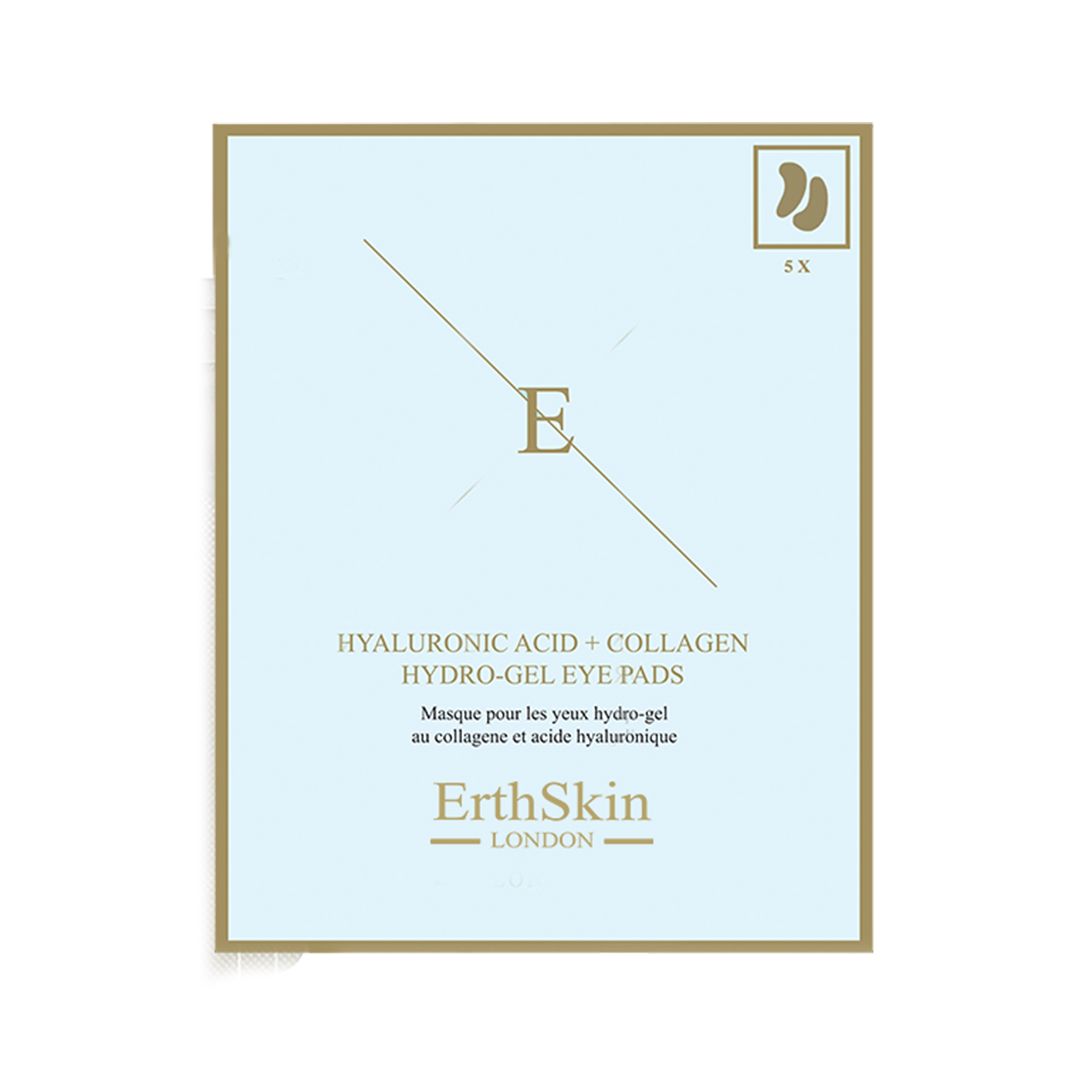 Hellblaue Schachtel mit Produktinformationen und Logo. Aufschrift: Hyaluronsäure + Kollagen Hydrogel-Augenpads. Marke: ErthSkin London.
