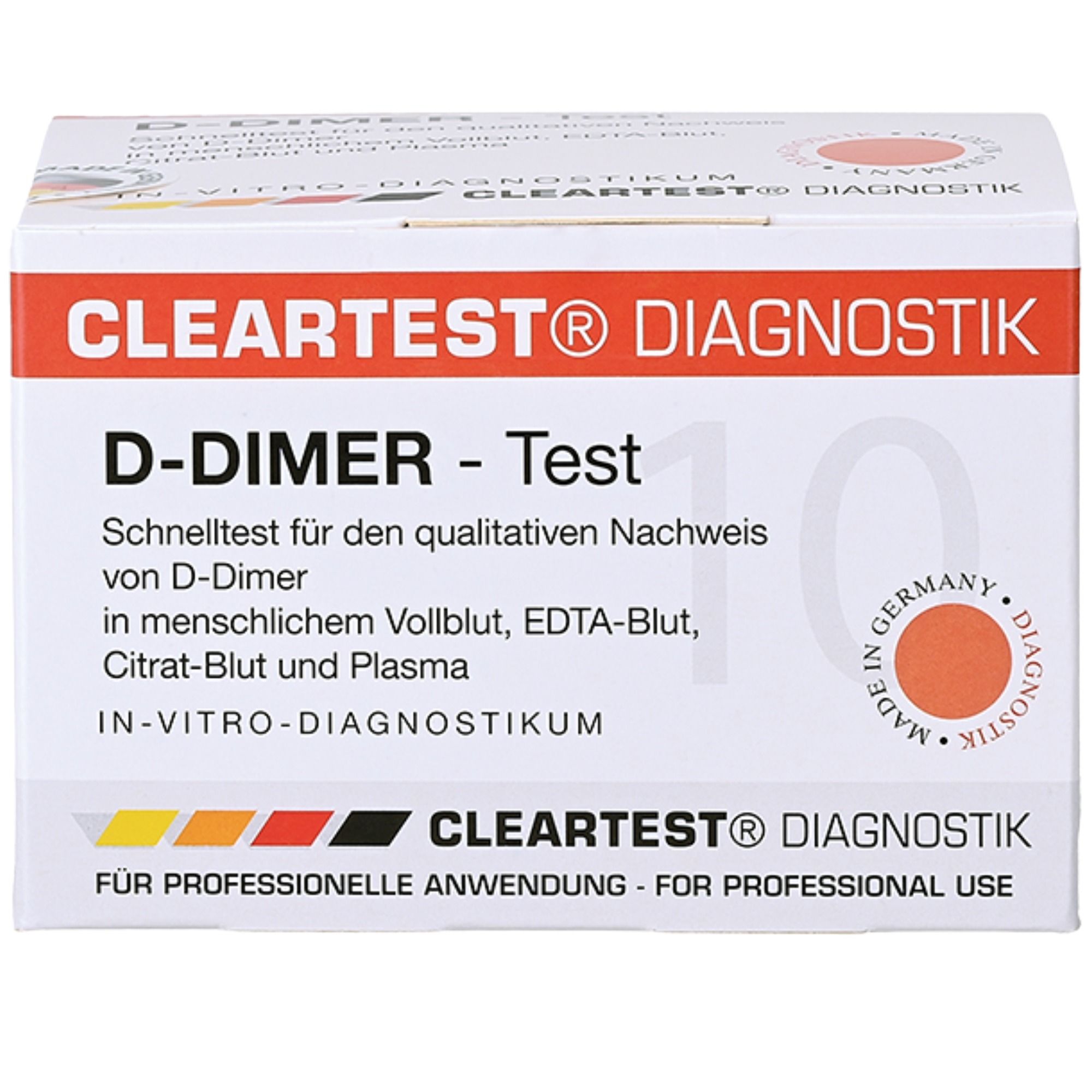 Cleartest Diagnostik D-Dimer-Test-Packung. Aufdrucke: Schnelltest, IN-VITRO-DIAGNOSTIKUM, Für professionelle Anwendung. Rote und weiße Verpackung.
