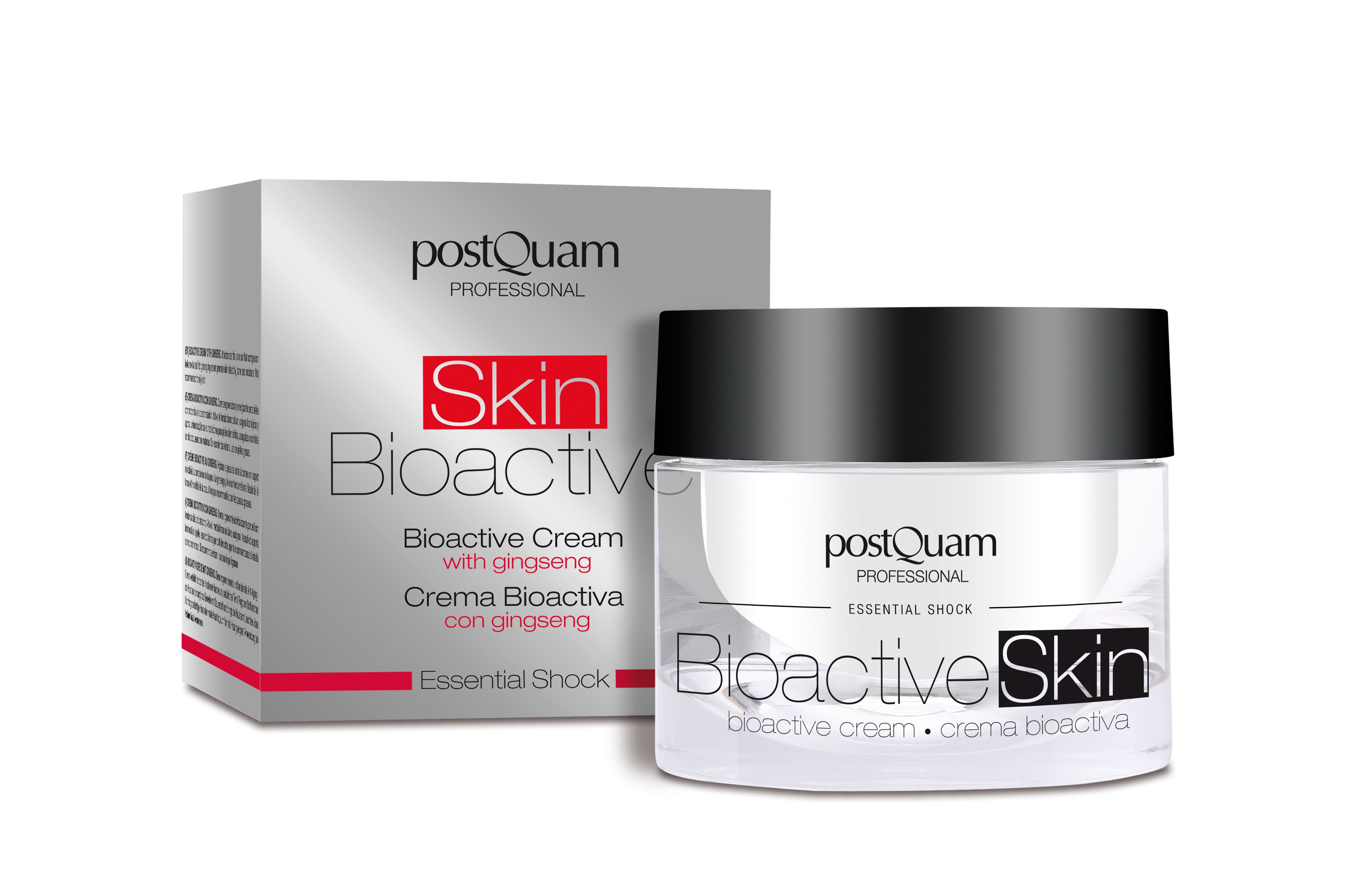 Creme-Glas mit schwarzem Deckel und daneben die Produktverpackung. Auf dem Glas steht "Bioactive Skin".