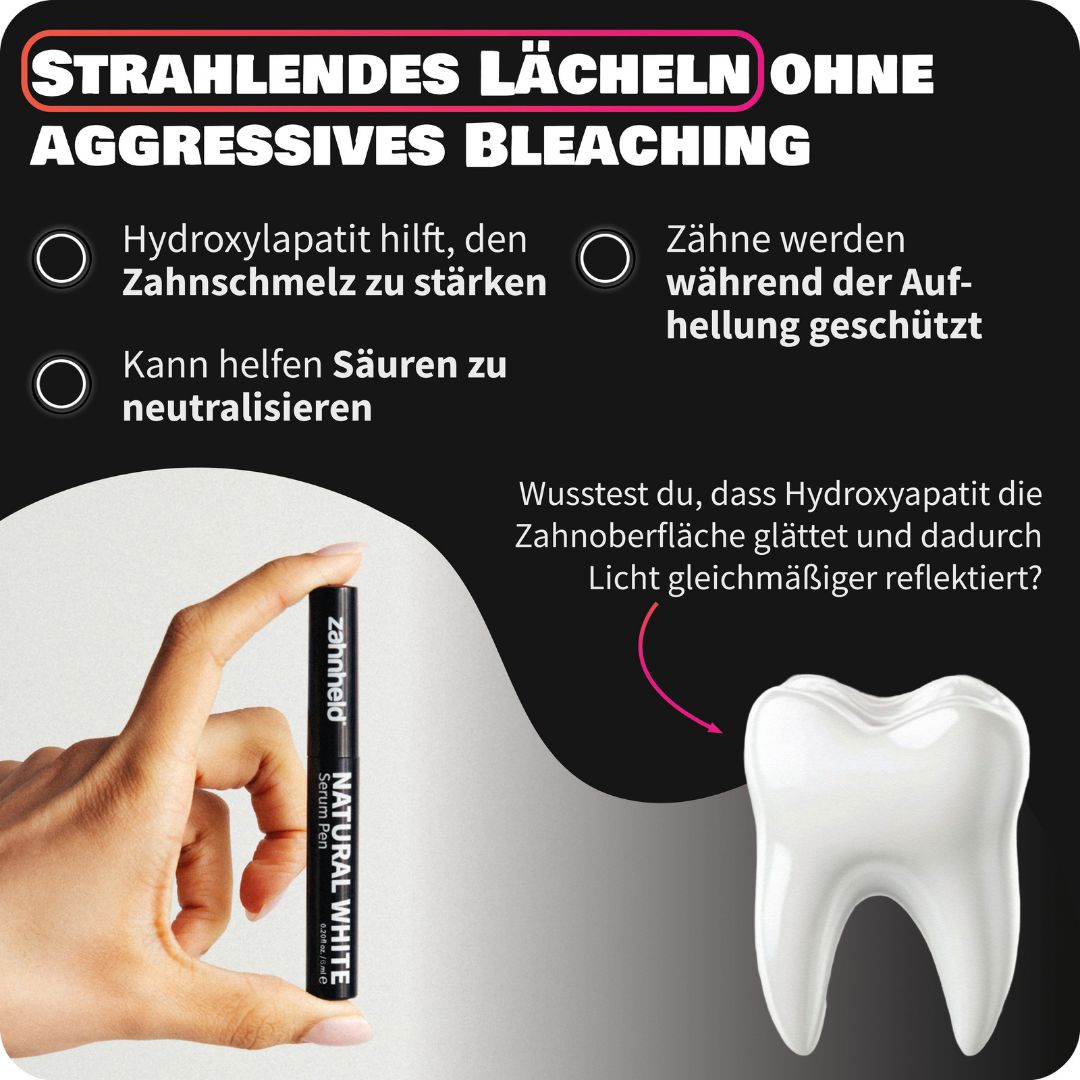 Hand hält Zahnheld Natural White Serum Pen neben einer Grafik eines Zahns.