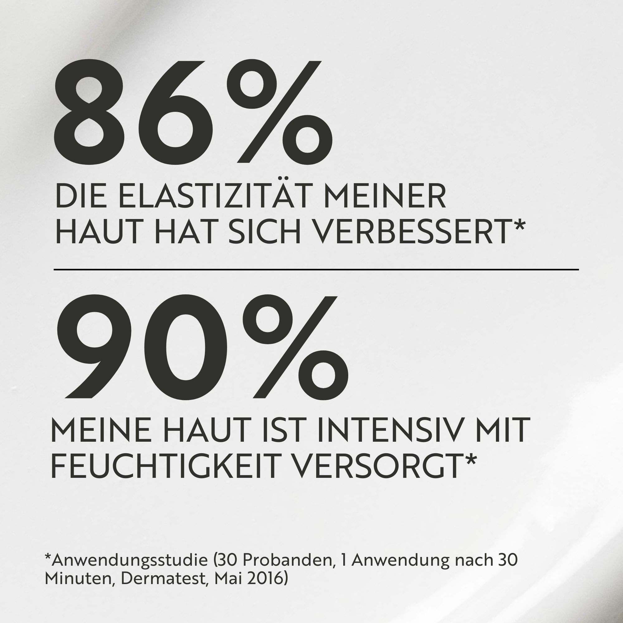 Testo: 86% L'elasticità della mia pelle è migliorata. 90% La mia pelle è intensamente idratata.