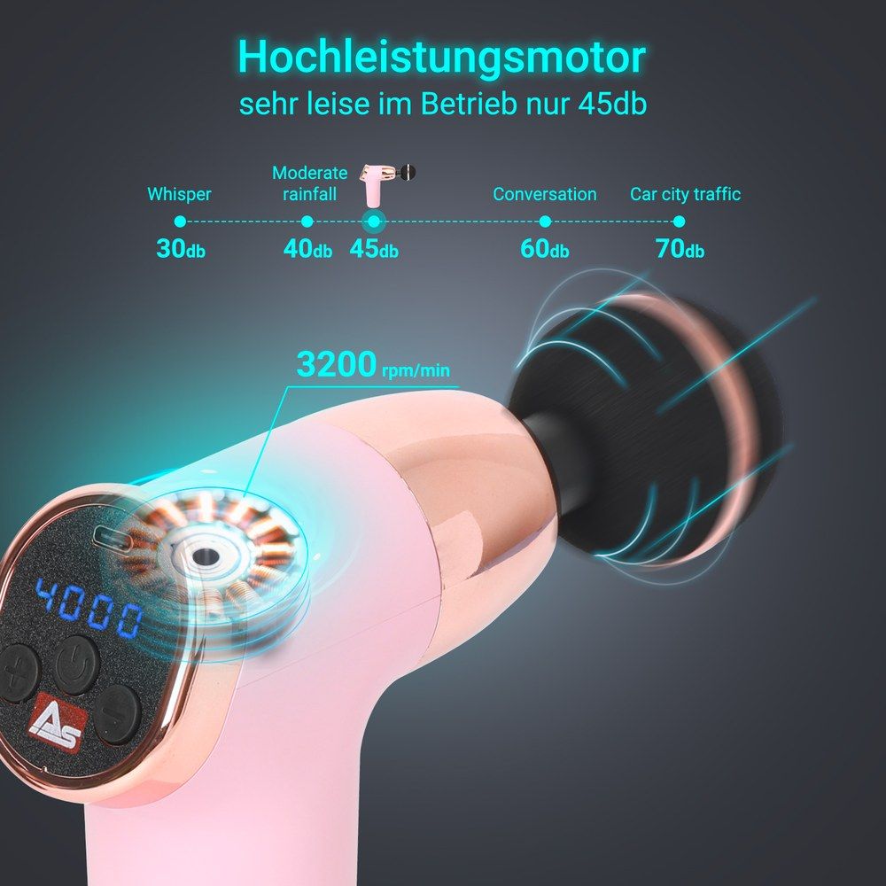 Detailansicht einer rosa Massagepistole mit Anzeige von 3200 U/min und Geräuschpegel.