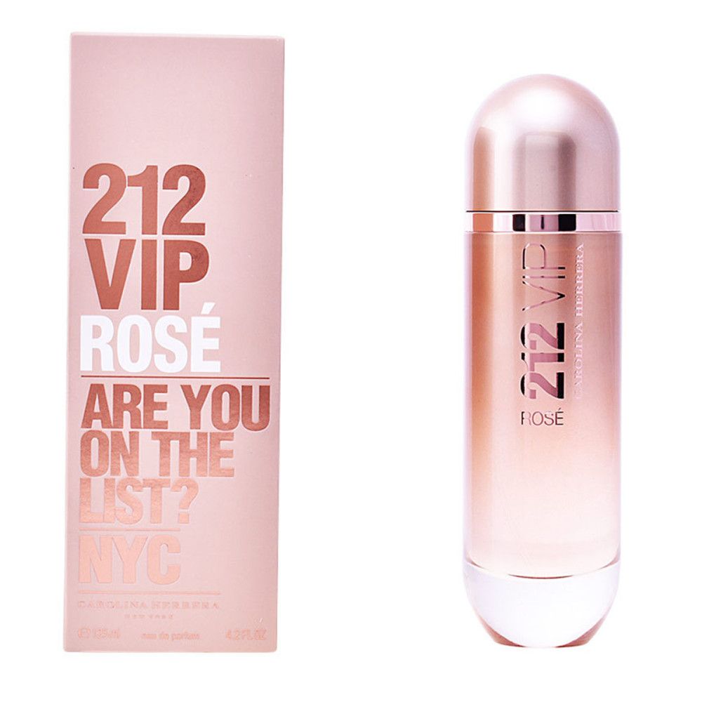 Rosafarbener Flakon und Schachtel. Auf der Schachtel steht "212 VIP Rosé". Der Flakon hat eine zylindrische Form mit rosafarbenem Deckel.