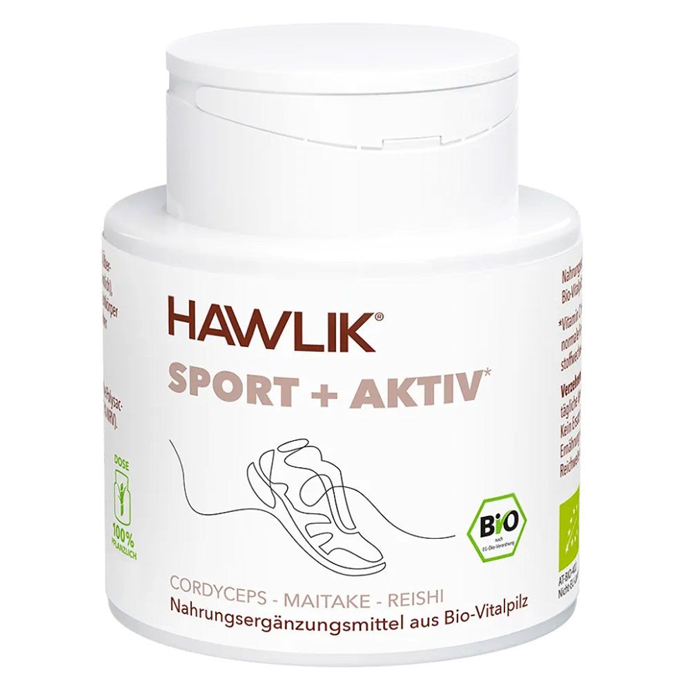 Weiße Dose mit Aufschrift HAWLIK SPORT + AKTIV. Enthält Nahrungsergänzungsmittel aus Bio-Vitalpilz. Bio-Siegel.