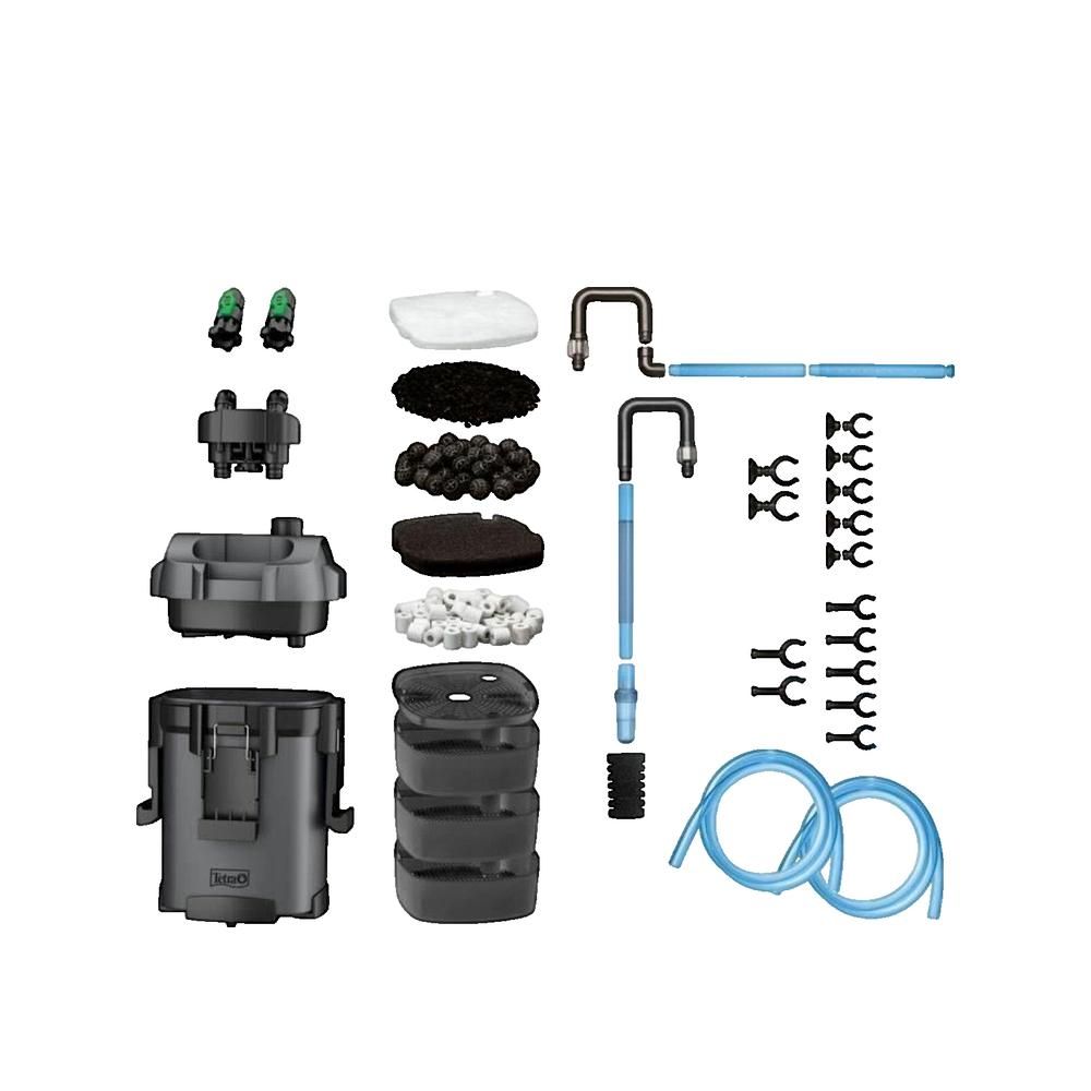 Aquariumfilter-Set mit Zubehör. Enthält Filtergehäuse, Filtermedien, Rohre, Schläuche und Befestigungsklammern. Einzelteile liegen auf weißem Hintergrund.