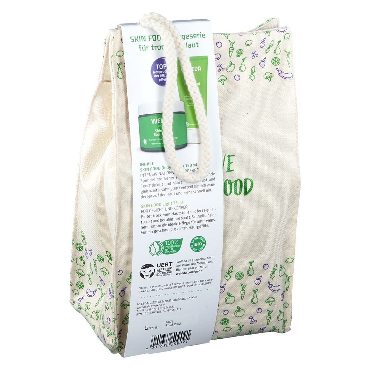 Beige Stofftasche mit Aufdrucken und Anhänger. Aufschrift: SKIN FOOD. Marke: WELEDA. Mit Produktabbildungen.