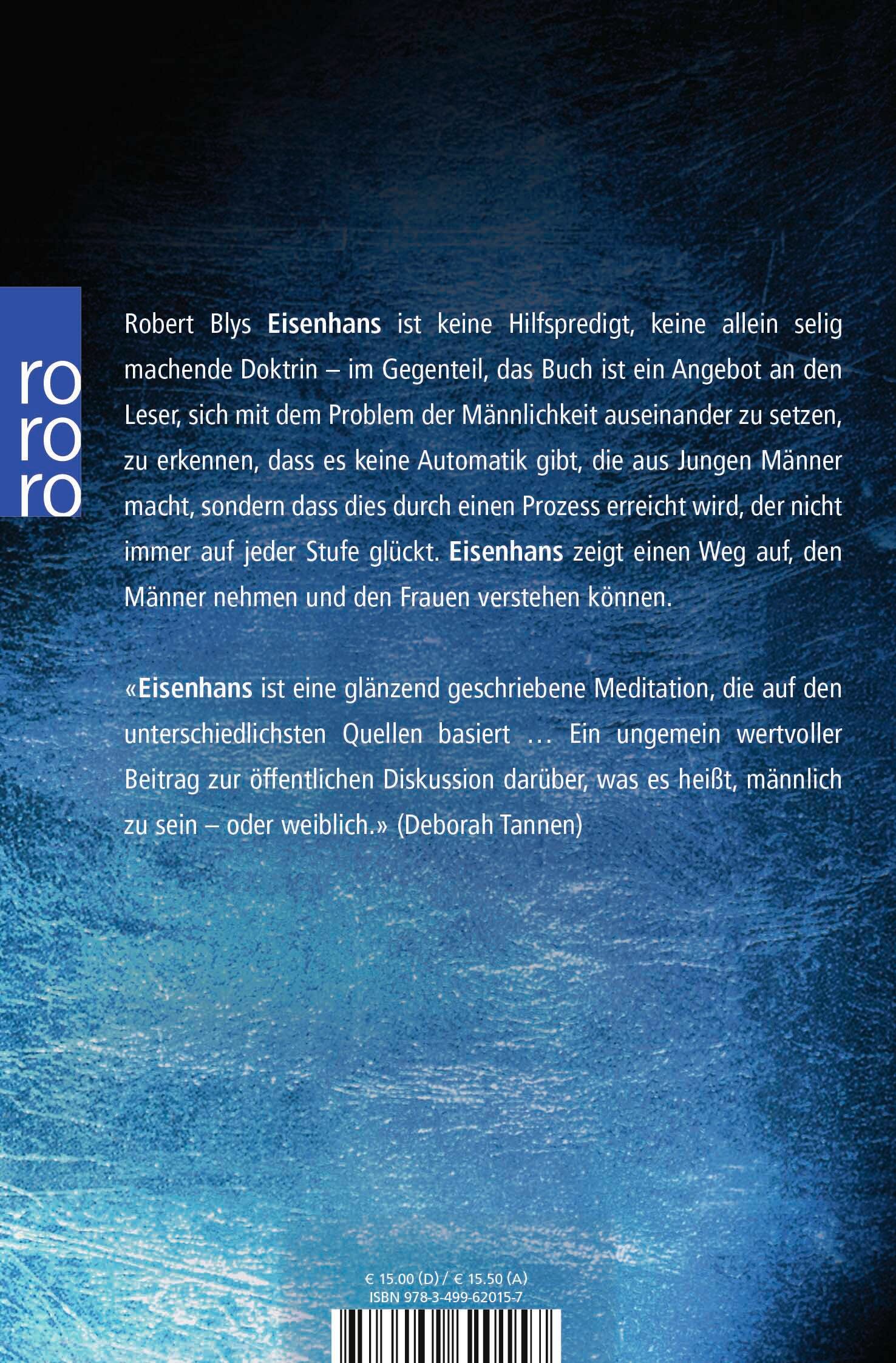Rückseite des Buches Eisenhans. Text in weißer Schrift auf blauem Hintergrund. Logo rororo links. ISBN-Code unten.