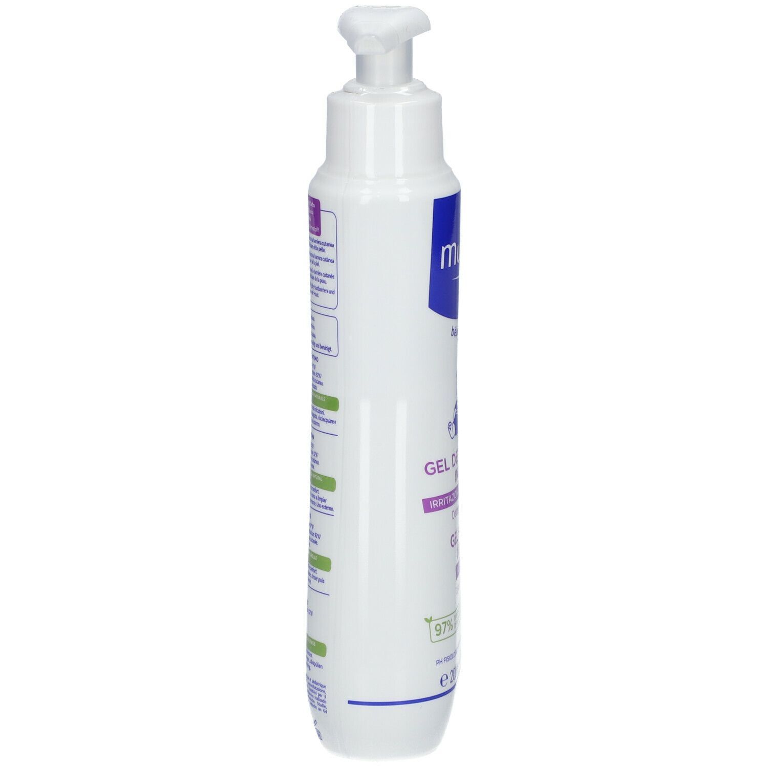 Flacone bianco con dosatore a pompa, vista laterale. Testo e accenti verdi e viola. Logo Mustela.