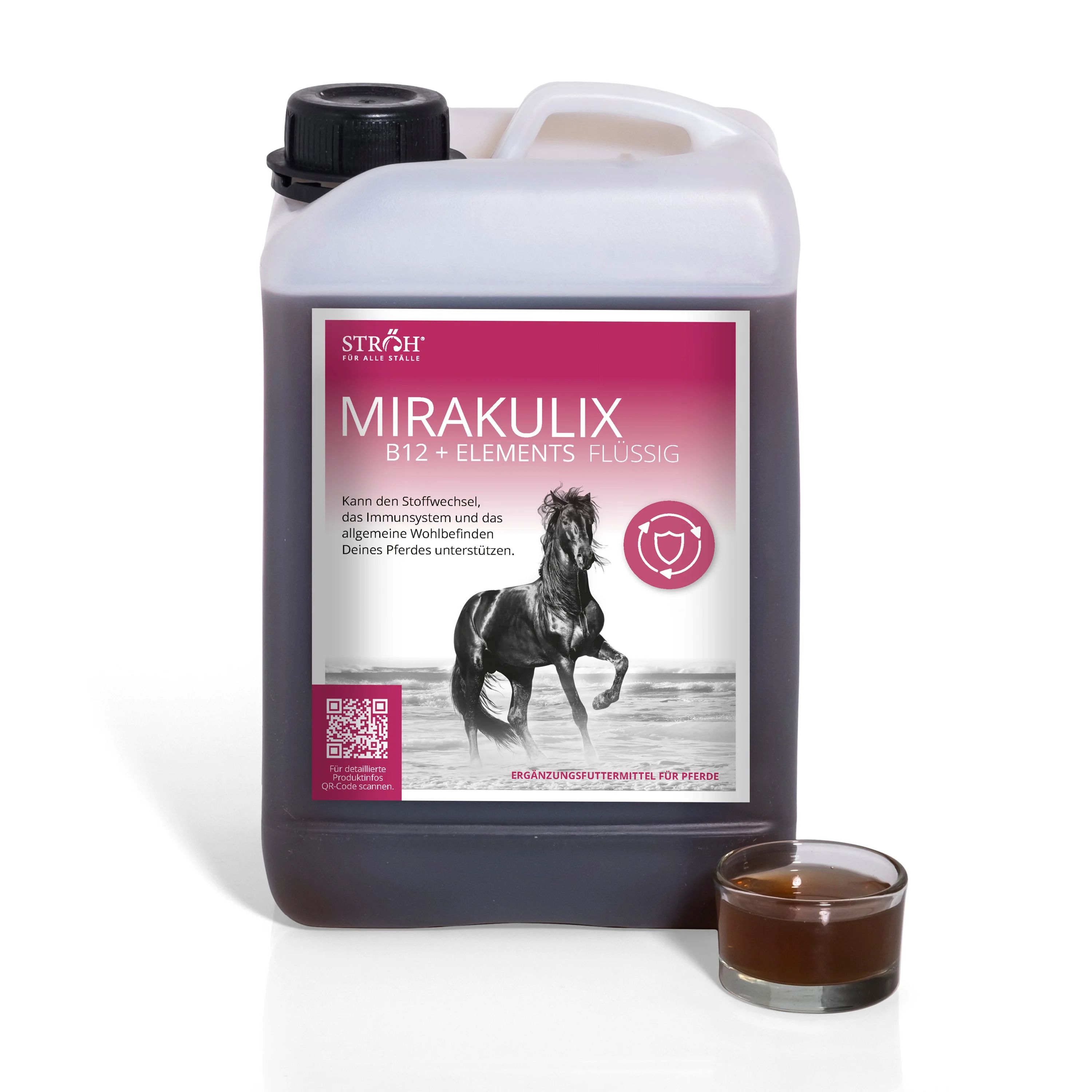 Kanister mit Flüssigkeit und Becher. Aufschrift: MIRAKULIX B12 + ELEMENTS FLÜSSIG. Logo mit Pferd. Schwarzer Deckel.
