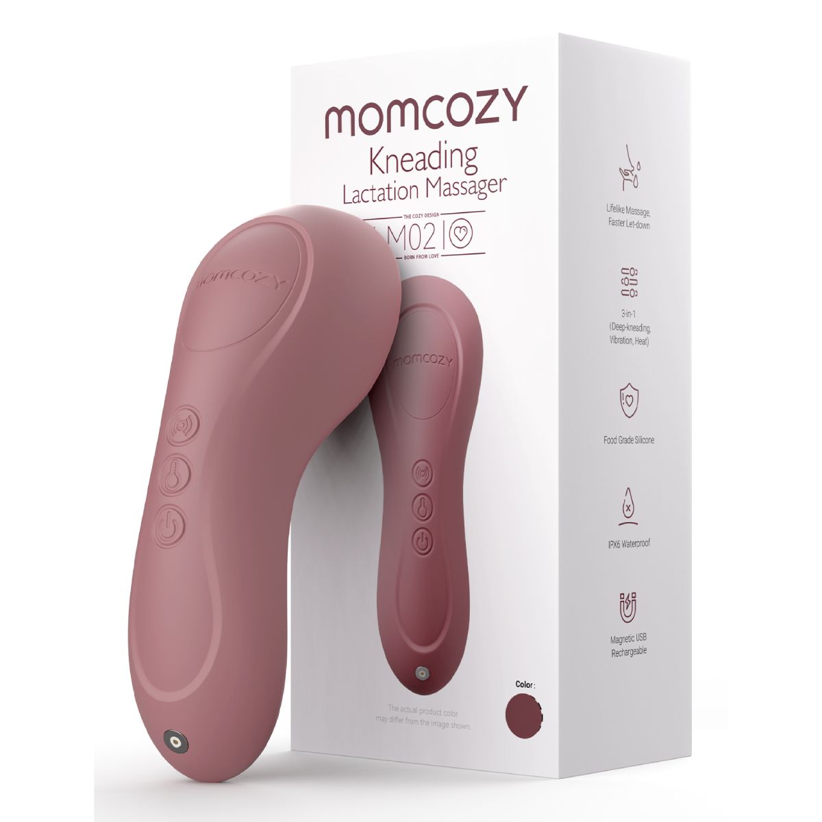Momcozy Kneading Lactation Massager in Verpackung. Rosa Massagegerät und Verpackung mit Produktnamen und Logo.