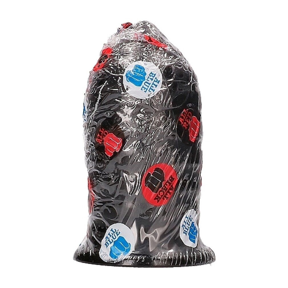 Schwarzer Analplug in Folienverpackung. Aufkleber mit Faust-Motiv und Schriftzug.