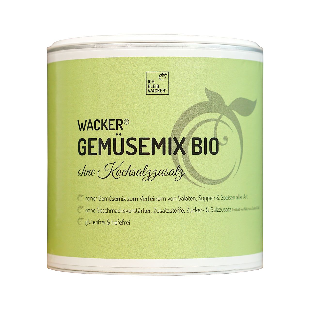Grünes Dose mit "Wacker Gemüsemix Bio ohne Kochsalzzusatz". Text und Logo. Bio-Siegel. Dose mit Deckel, helle Schrift.