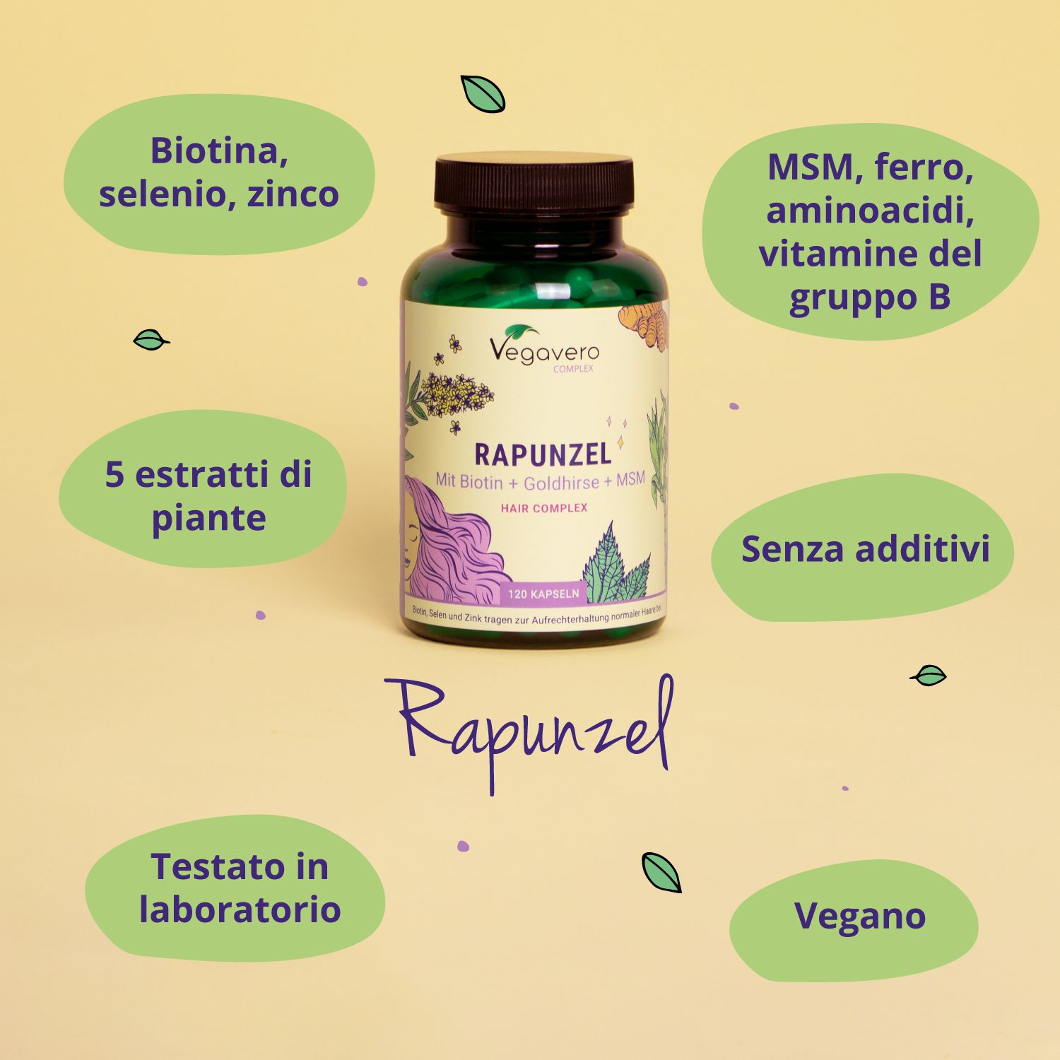 Capsule VEGAVERO Rapunzel, circondate da parole chiave: biotina, selenio, zinco, 5 estratti vegetali, senza additivi, vegano.