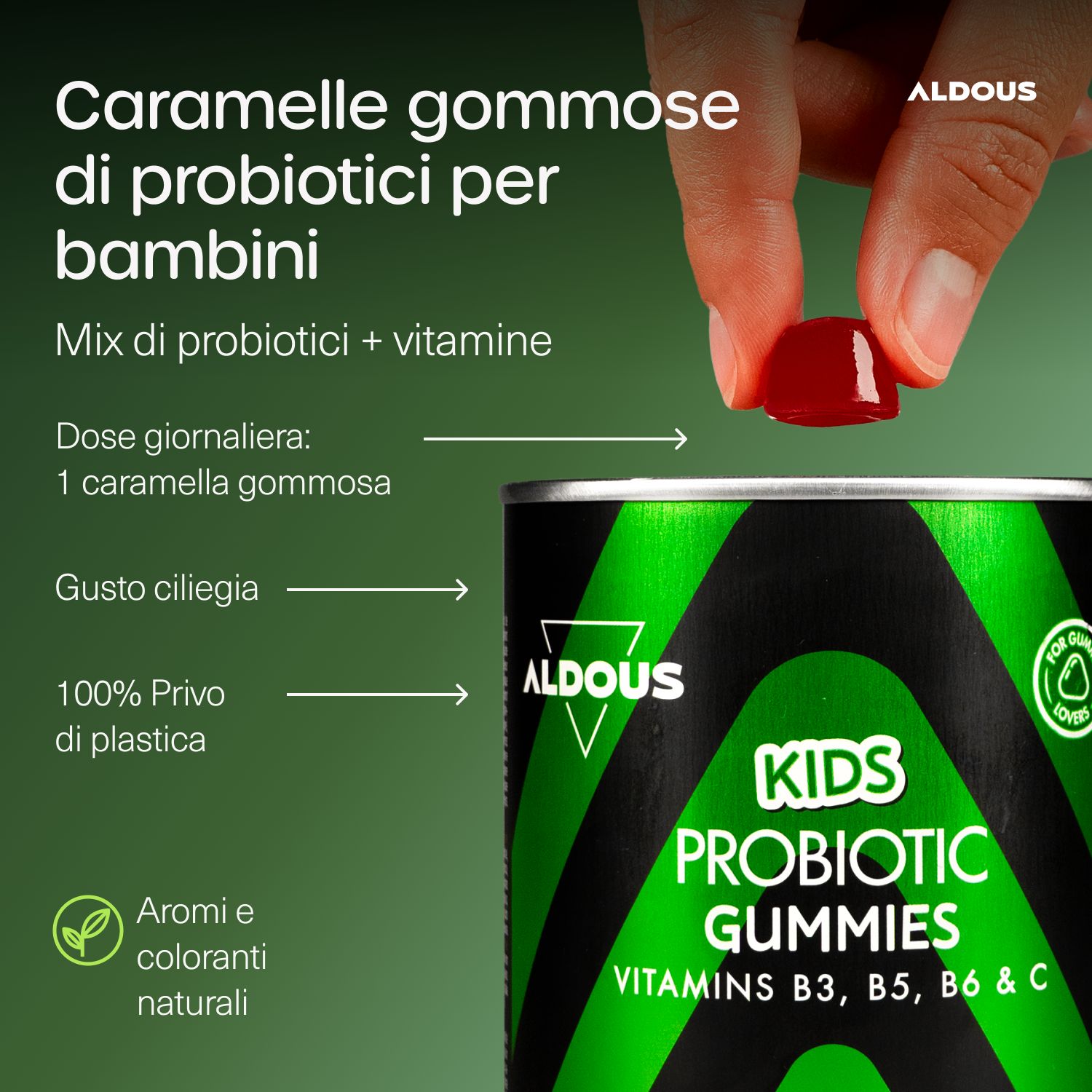Hand nimmt eine Aldous Probiotika Gummy aus der Dose. Informationen zu Inhaltsstoffen und Dosierung.