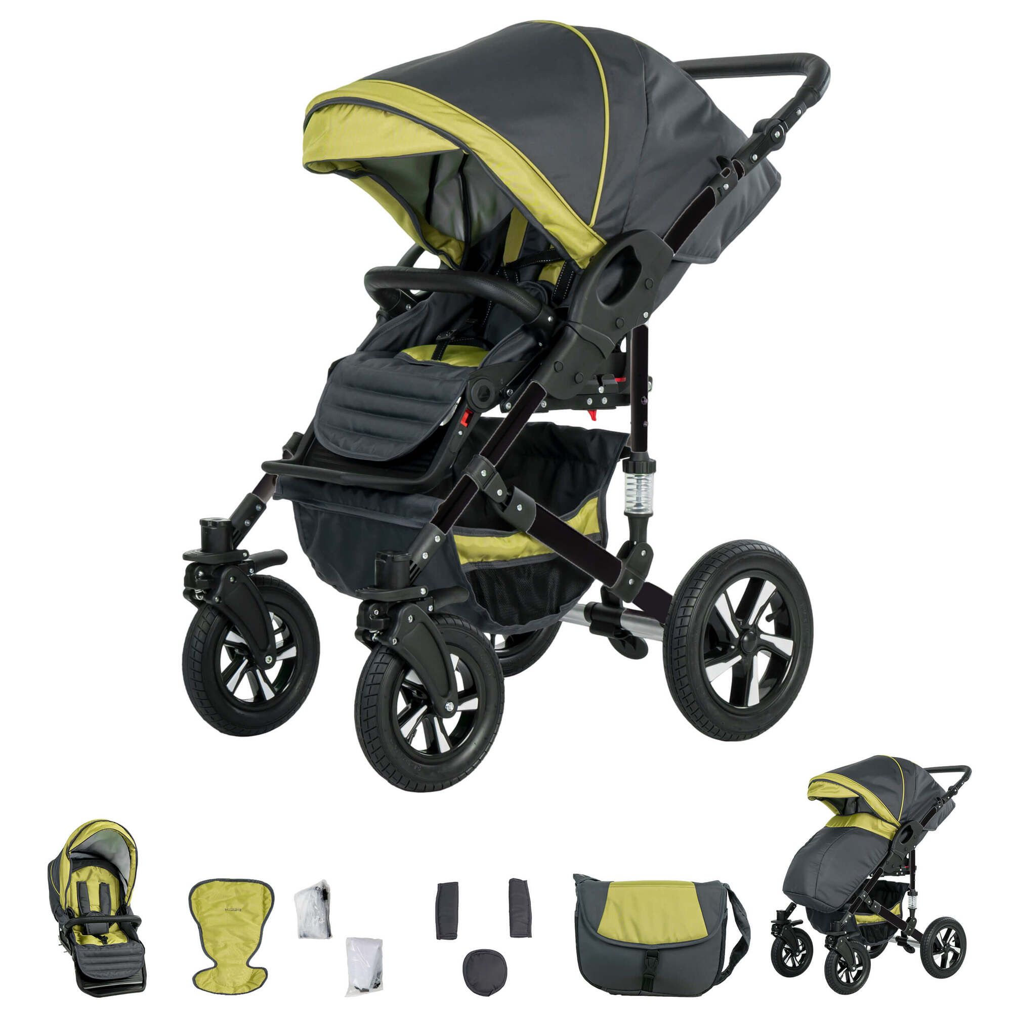Kinderwagen, grau-grün, mit Sportsitz. Schwarzes Gestell, Hartgummireifen. Zubehör: Tasche, Regenschutz, Adapter, Sitzverkleinerer.
