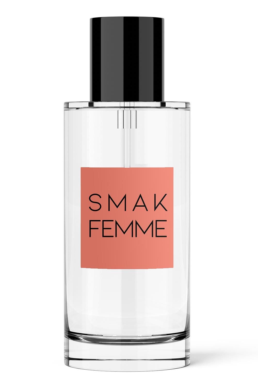 Klarer Flakon mit schwarzem Deckel. Aufkleber mit "SMAK FEMME".